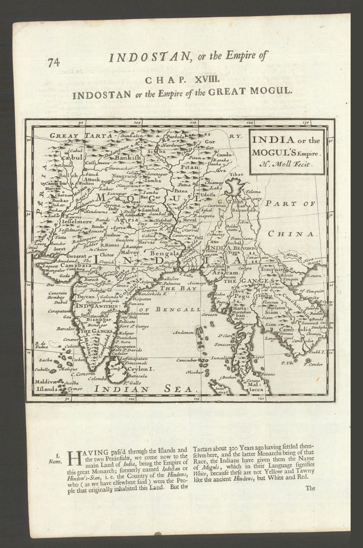 India or the Mogul's Empire. South Asia Indochina Mughal Empire. MOLL 1701 map: Title: India or the Mogul's Empire. South Asia Indochina Mughal Empire. MOLL 1701 map Description: India or the Mogul's Empire' by Moll, Herman. Published 1701. Antique copperplate map. Size 30 x 20 c
