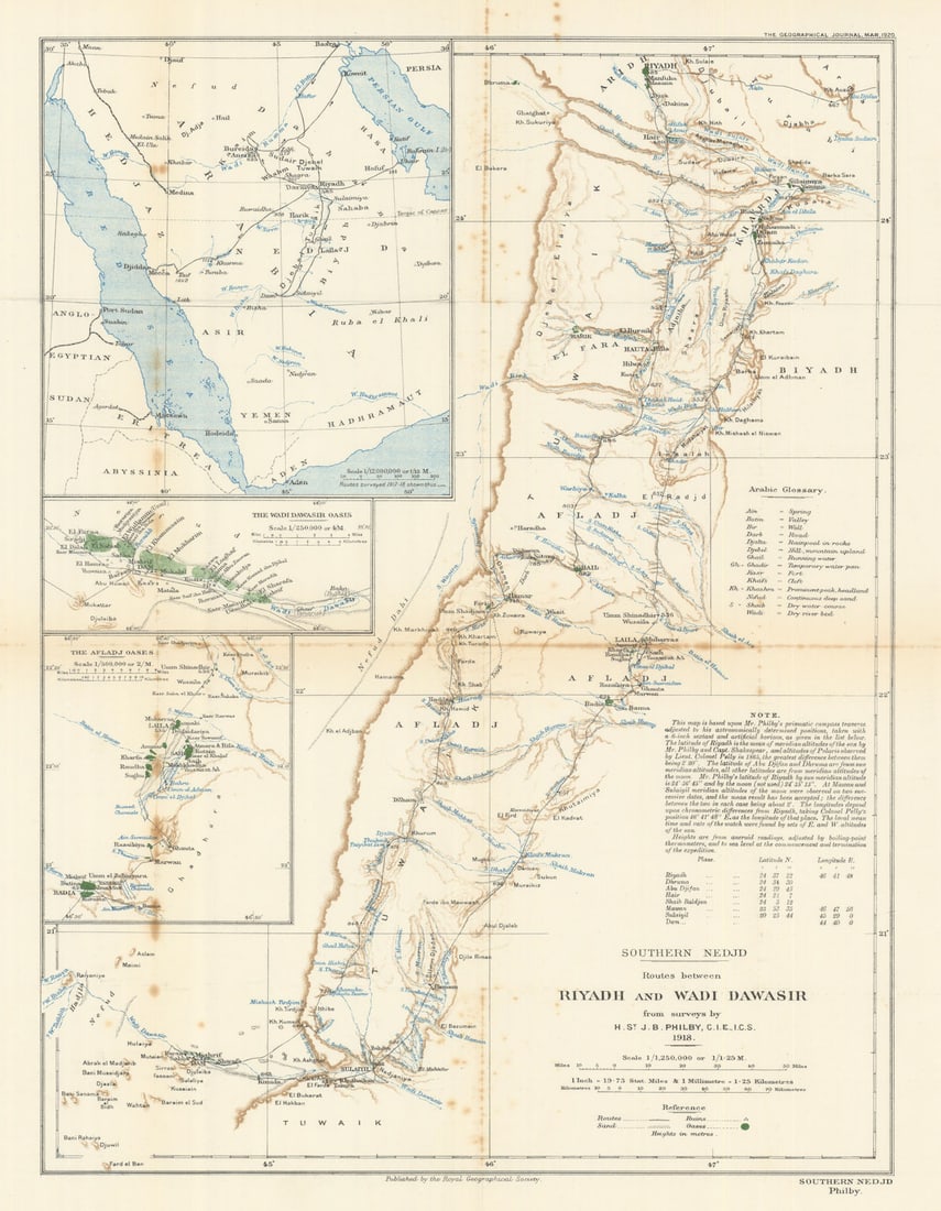 Southern Nejd: Routes from Riyadh & Wadi Dawasir. St. John Philby. RGS 1920 map: Title: Southern Nejd: Routes from Riyadh & Wadi Dawasir. St. John Philby. RGS 1920 map Description: Southern Nejd: Routes between Riyadh and Wadi Dawasir from surveys by H. St. J. B. Philby, C.I.E., I
