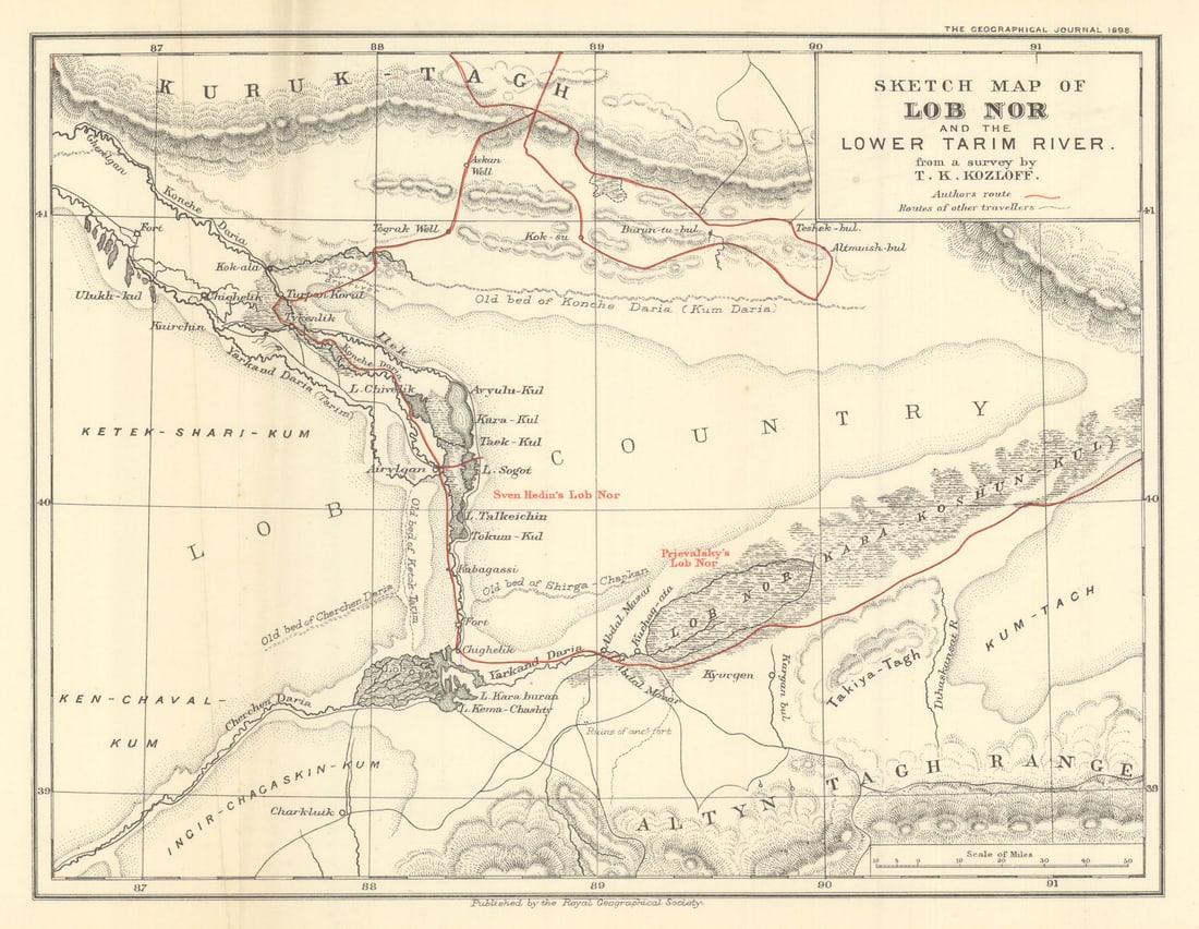 Western China. Lob Nor & Lower Tarim River by Pyotr Kozlov. RGS 1898 old map: Title: Western China. Lob Nor & Lower Tarim River by Pyotr Kozlov. RGS 1898 old map Description: Sketch Map of Lob Nor and the Lower Tarim River (from a survey by T. K. Kozloff, 1898)'. Royal Geograph