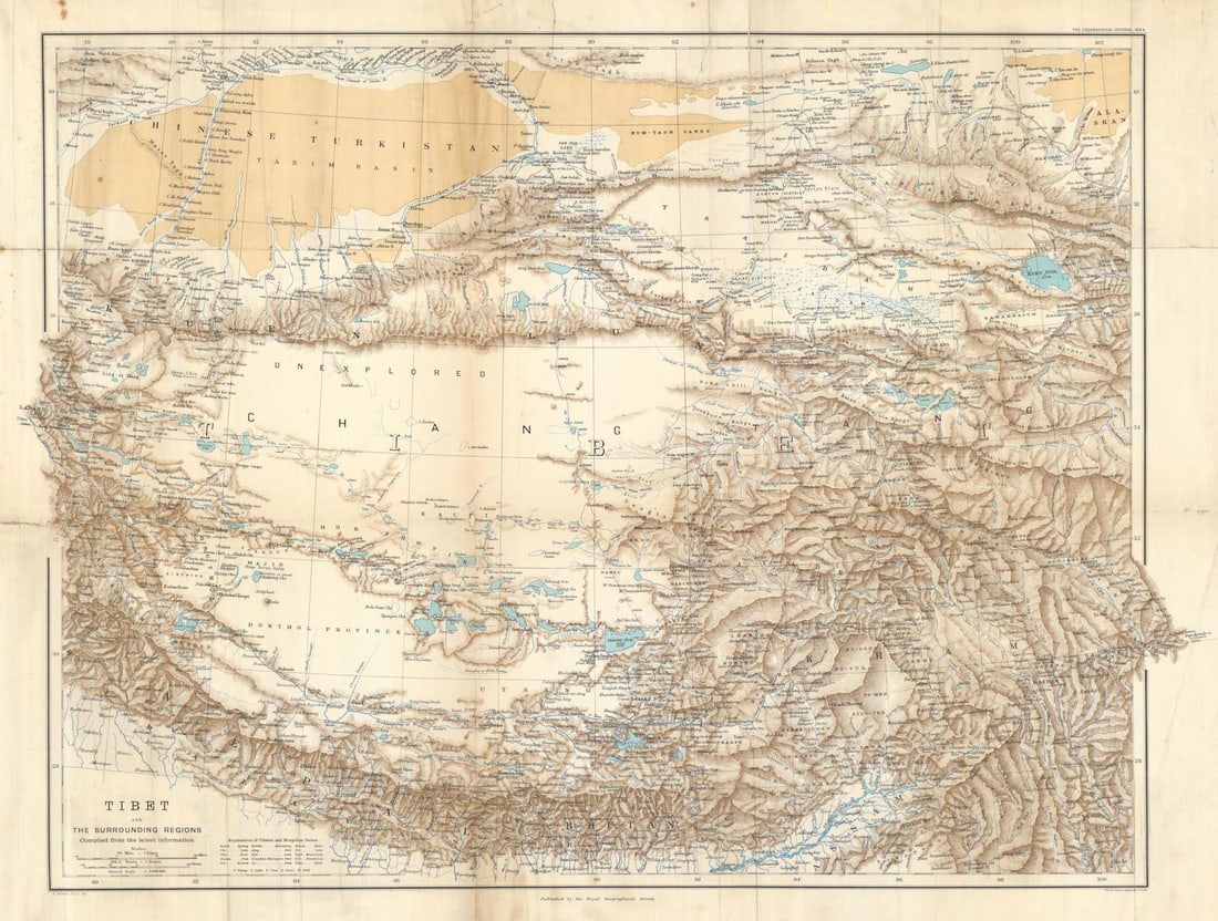 Tibet & surrounding regions from the latest information. RGS 65x50cm 1894 map: Title: Tibet & surrounding regions from the latest information. RGS 65x50cm 1894 map Description: Tibet and the Surrounding Regions. Compiled from the Latest Information'. The text notes explain that 