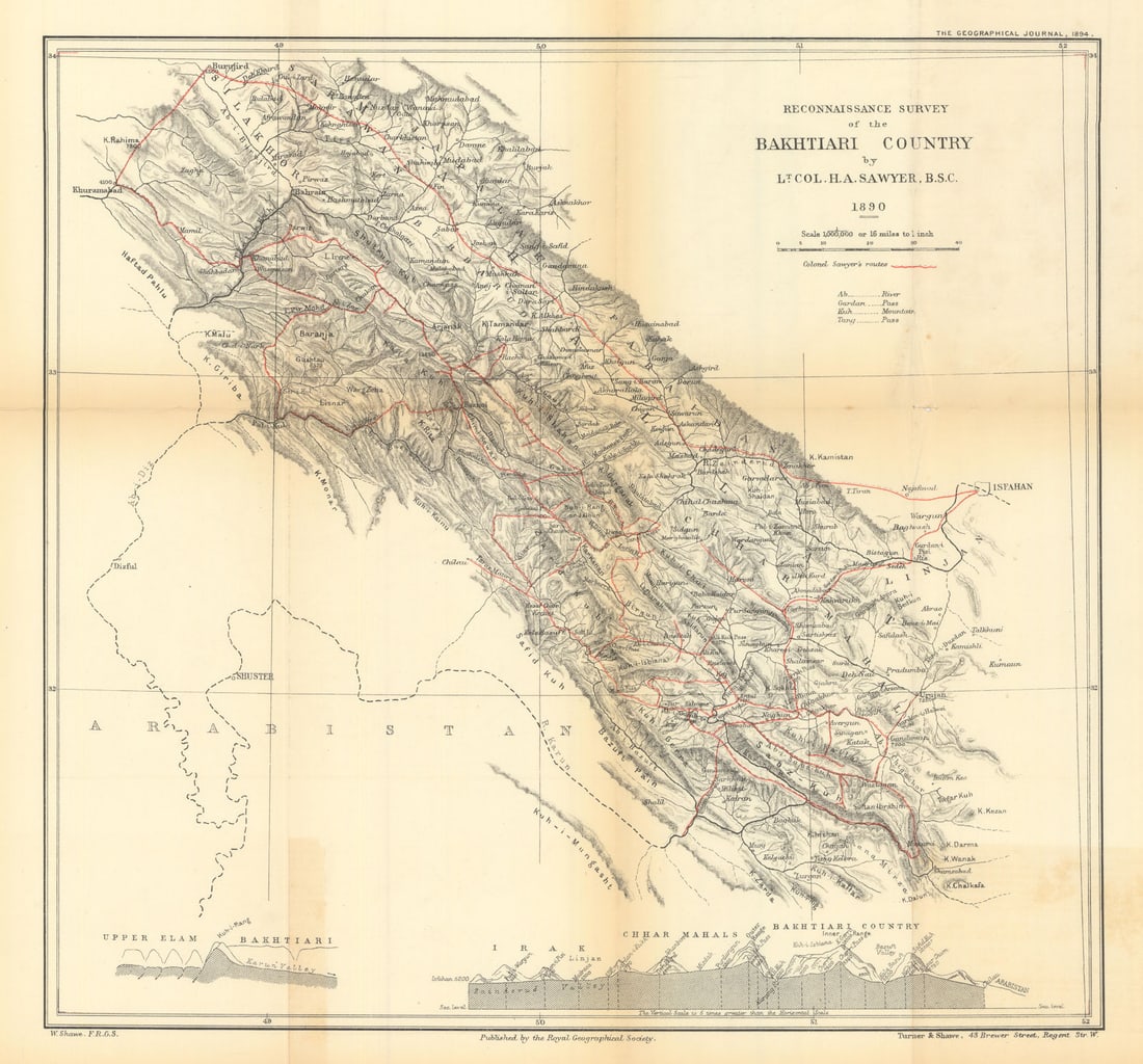 1890 Bakhtiari Country Reconnaissance Survey. Lt-Col. H.A. Sawyer. RGS 1894 map: Title: 1890 Bakhtiari Country Reconnaissance Survey. Lt-Col. H.A. Sawyer. RGS 1894 map Description: Reconnaissance Survey of the Bakhtiari Country by Lt.-Col. H. A. Sawyer, B.S.C., 1890'. Royal Geogra