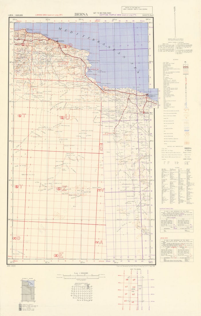 WW2—Siege of Tobruk—Derna—Libya—South African Survey Coy—SAEC—: Title: WW2—Siege of Tobruk—Derna—Libya—South African Survey Coy—SAEC—September 1941 map Description: Derna—Not to be Published—Libya 1:500,000 Sheets 5 