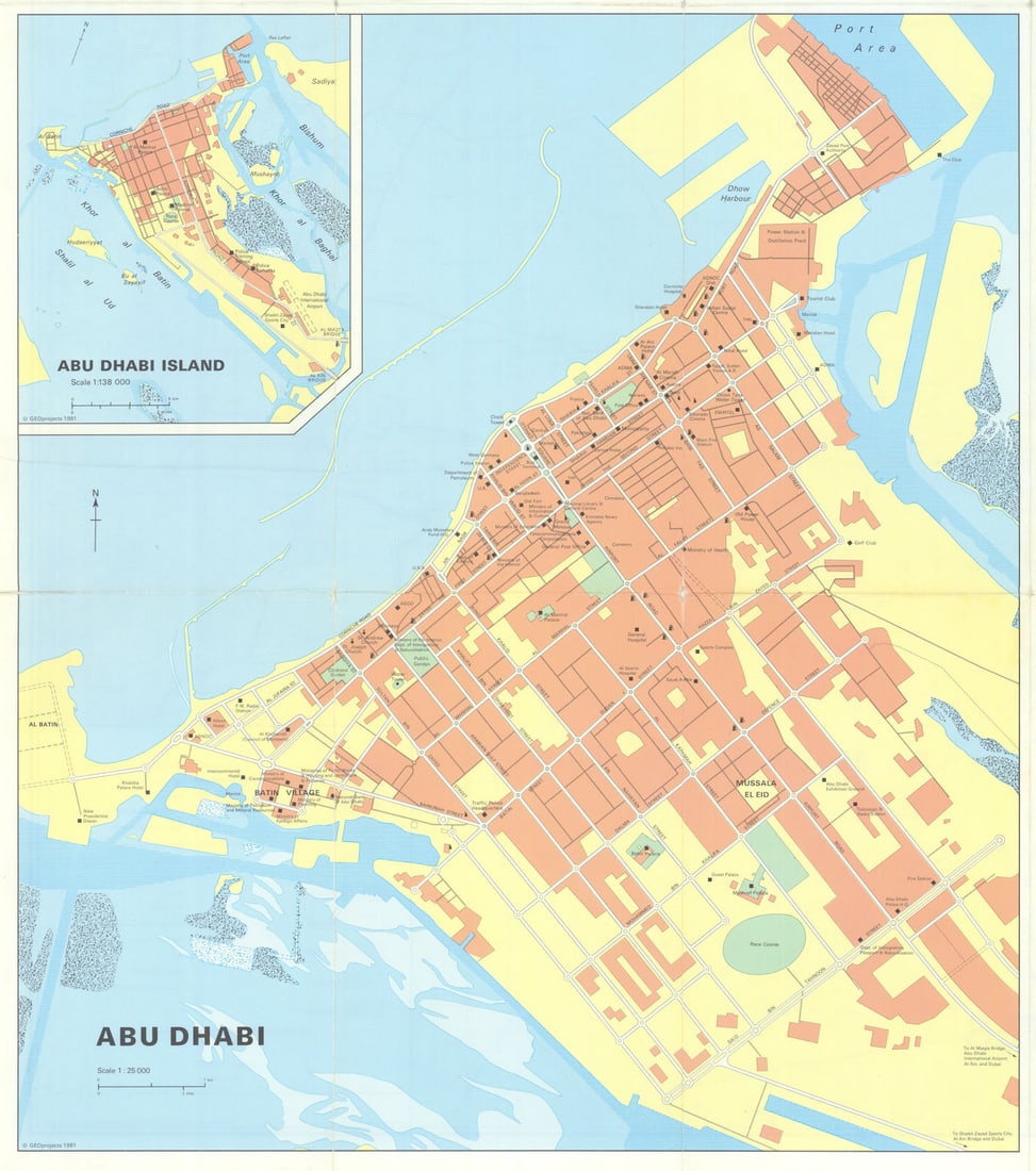 Vintage Abu Dhabi town city plan, United Arab Emirates UAE. GEOprojects 1981 map: Title: Vintage Abu Dhabi town city plan, United Arab Emirates UAE. GEOprojects 1981 map Description: Abu Dhabi // Abu Dhabi Island' by GEOprojects. Published 1981. Vintage colour city plan. Size 44 x 
