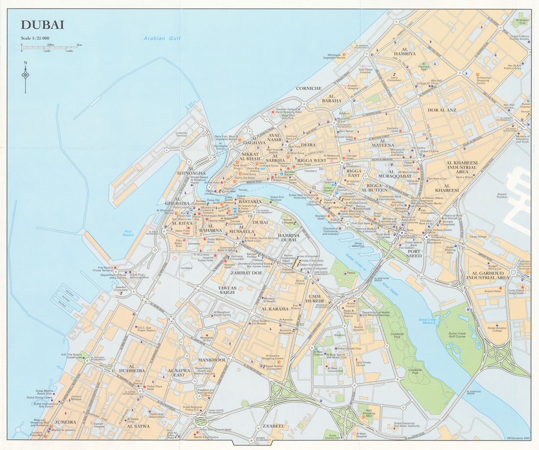 Vintage Dubai town city plan, United Arab Emirates. UAE. GEOprojects 2003 map: Title: Vintage Dubai town city plan, United Arab Emirates. UAE. GEOprojects 2003 map Description: Dubai' by GEOprojects. Published 2003. Vintage colour city plan. Size 33 x 39 cm | 13.0 x 15.5 inches.