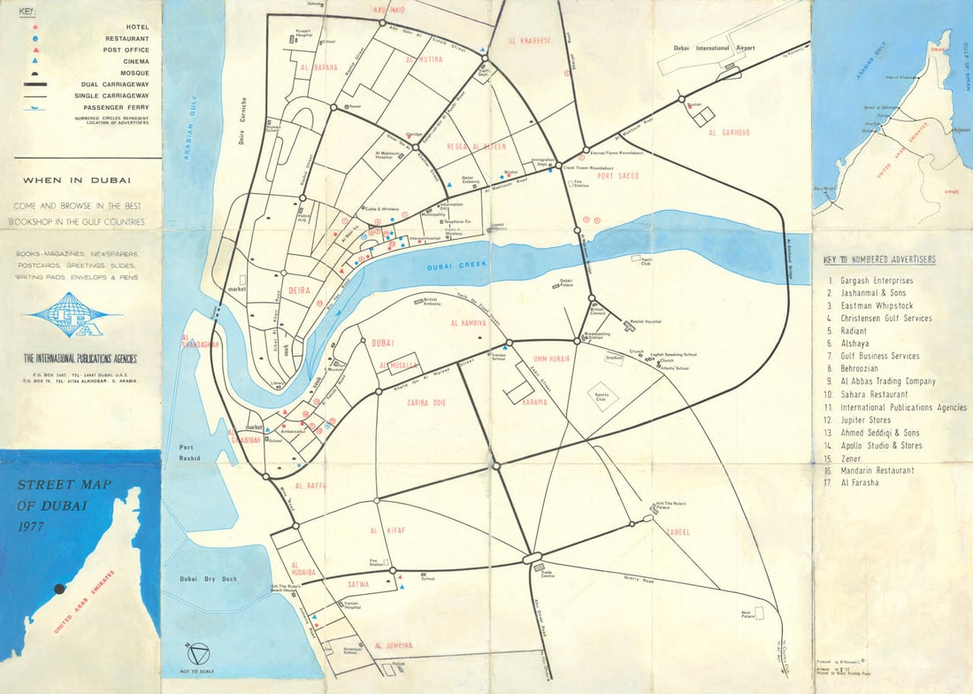 Street Map of Dubai 1977–Folding early tourist map–United Arab Emirates 1977: Title: Street Map of Dubai 1977–Folding early tourist map–United Arab Emirates 1977 Description: Street Map of Dubai 1977'. Produced by M. Maxwell C. Artwork by JS [symbol]. Published 1977