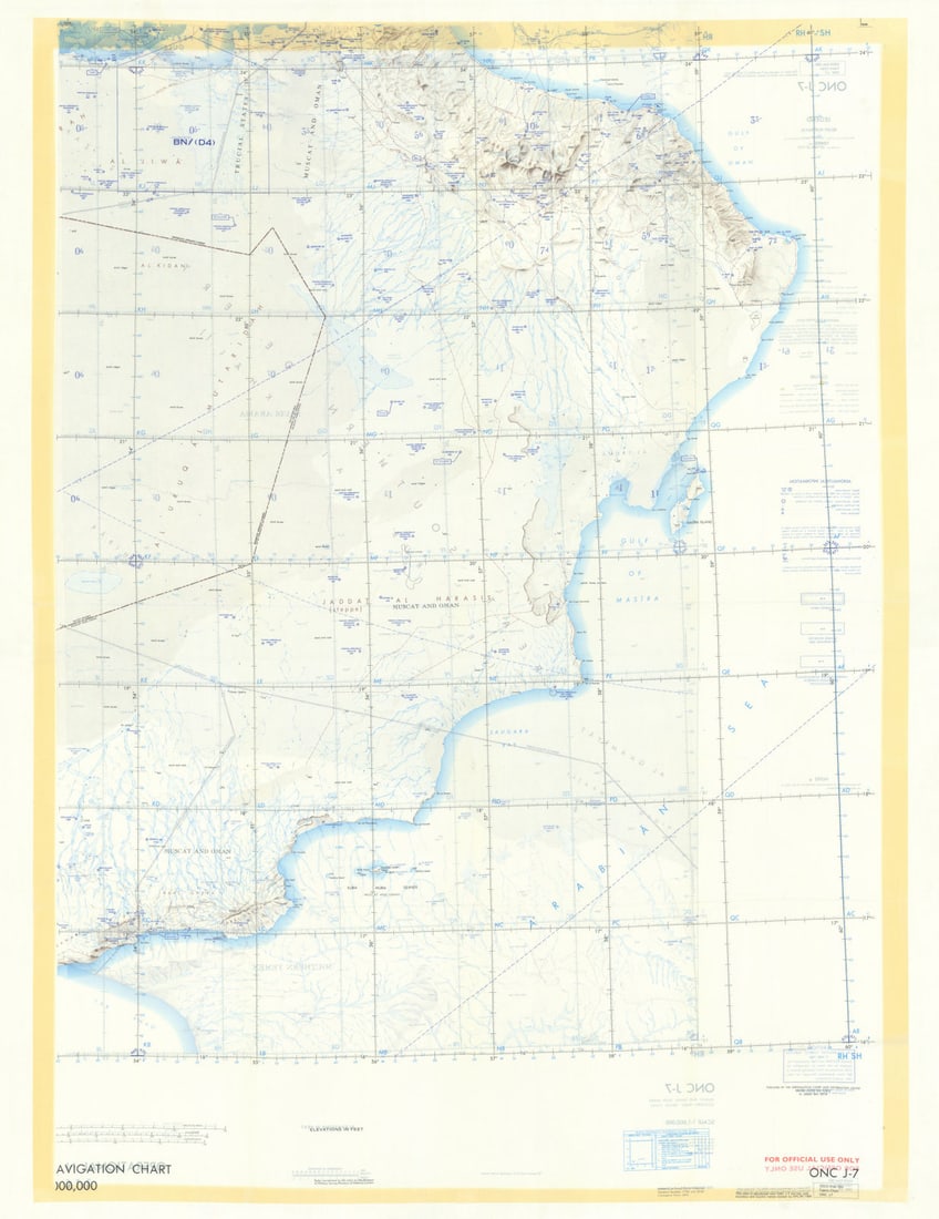USAF Cold War silk escape/evasion map—ONC-J-7—Oman—Saudi Arabia—Trucial UAE (1 of 1)