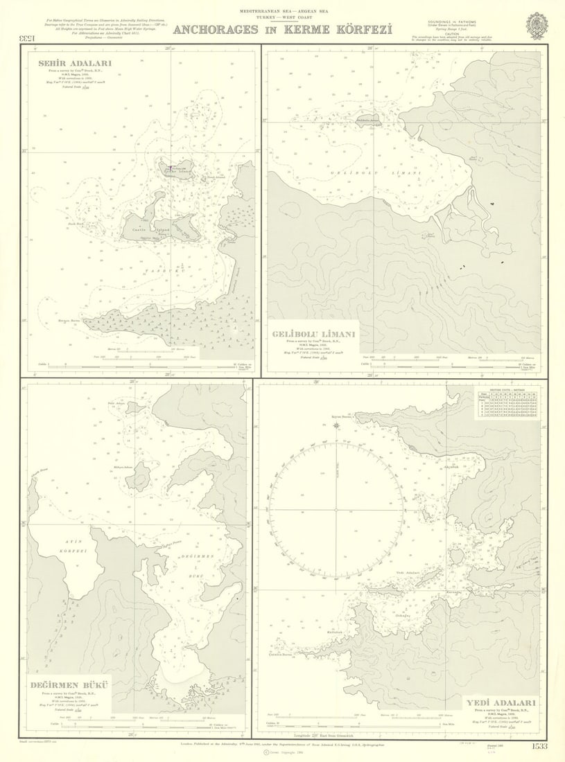 Gulf of Gökova anchorages—Datça/Marmaris—1533 Admiralty chart 1981 (1973) map: Title: Gulf of Gökova anchorages—Datça/Marmaris—1533 Admiralty chart 1981 (1973) map Description: Anchorages in Kerme Körfezi—Sehir Adalari—Gelibolu