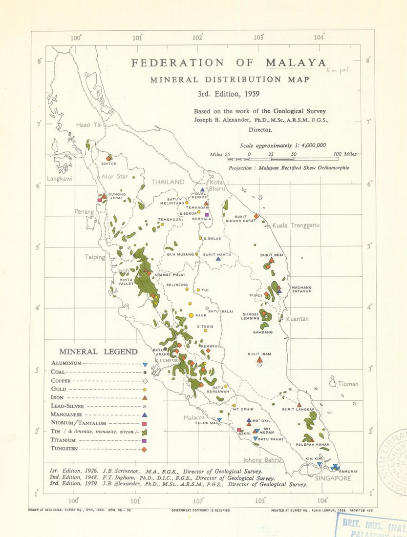 Federation of Malaya—Mineral Distribution Map—Joseph Alexander—3rd edition 1959: Title: Federation of Malaya—Mineral Distribution Map—Joseph Alexander—3rd edition 1959 Description: Federation of Malaya—Mineral Distribution Map'. Based on the work of the Geo