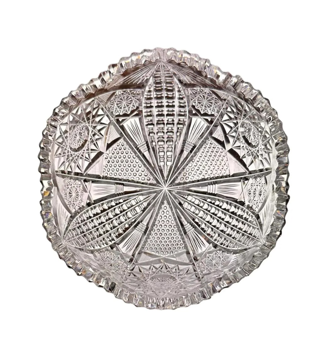 Antique Crystal Glass Serving Bowl American Brilliant Period Bergan Glass Early 20th Century - 10