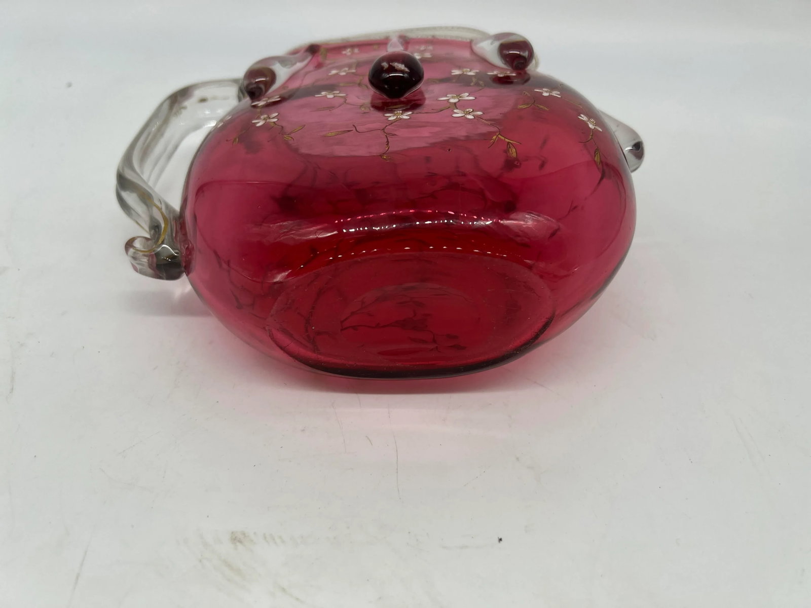 Rare Moser Floral Enamel & Drip Decorated Cranberry Art Glass Pitcher - 11