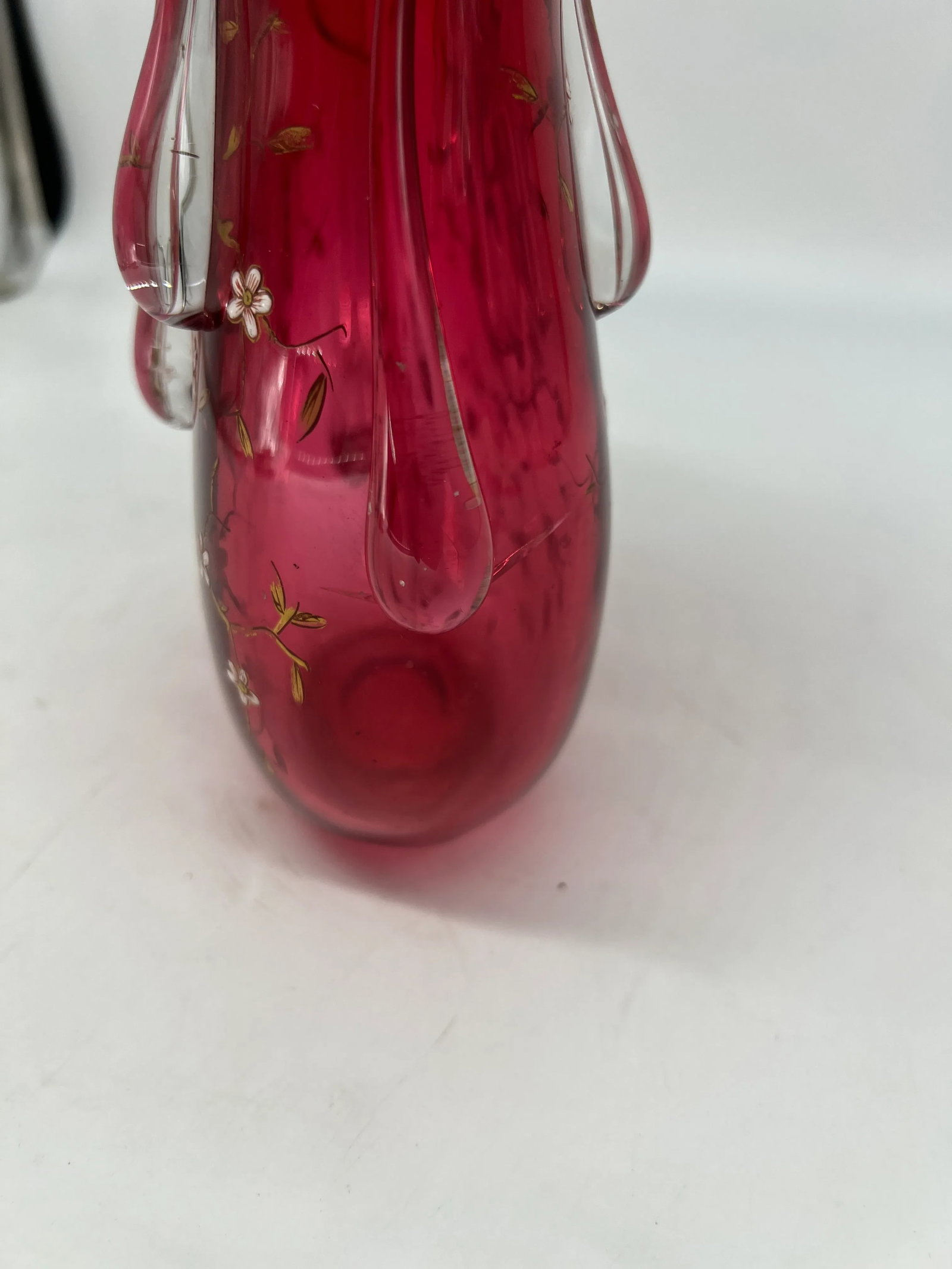 Rare Moser Floral Enamel & Drip Decorated Cranberry Art Glass Pitcher - 12