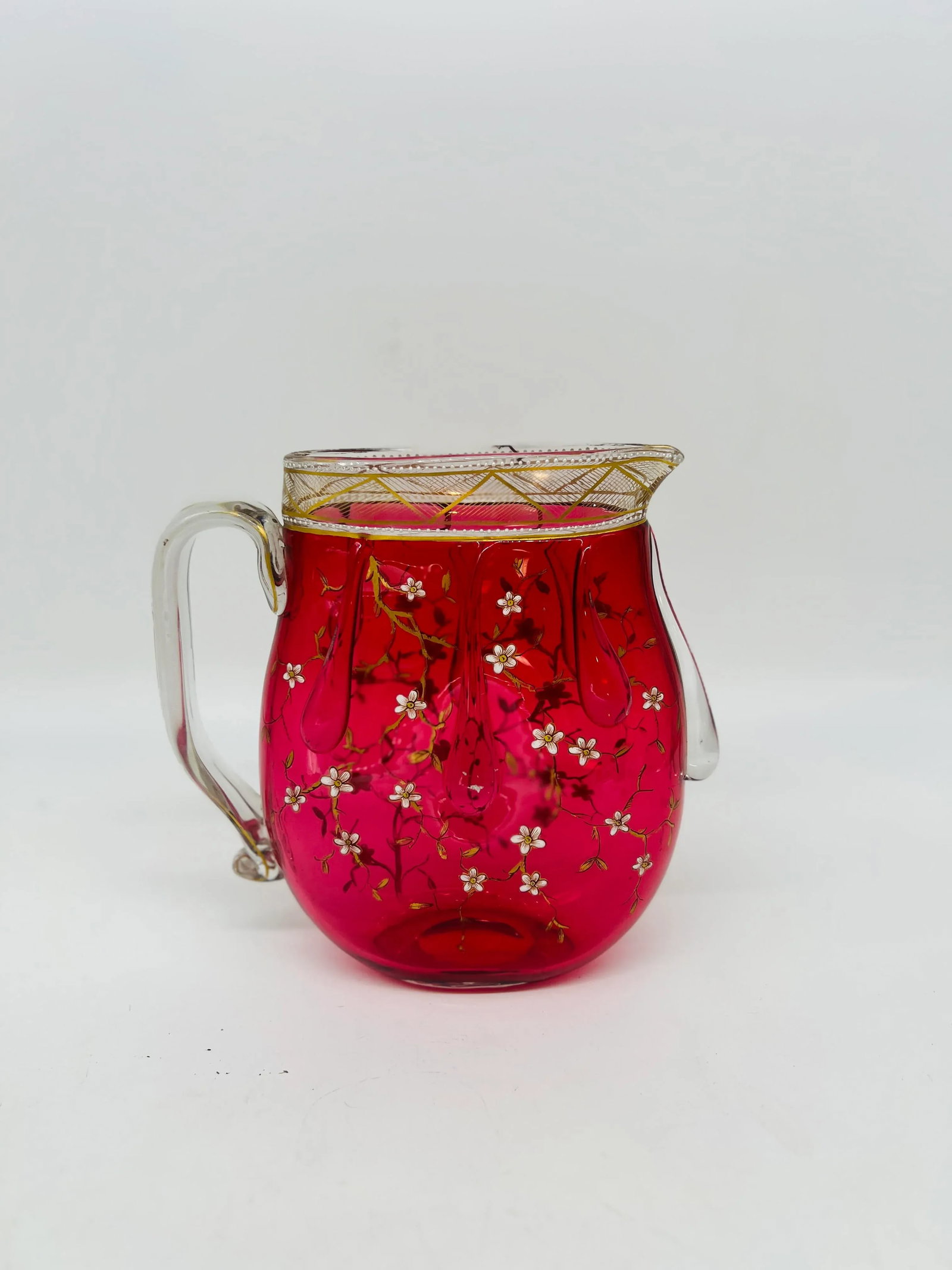 Rare Moser Floral Enamel & Drip Decorated Cranberry Art Glass Pitcher - 13
