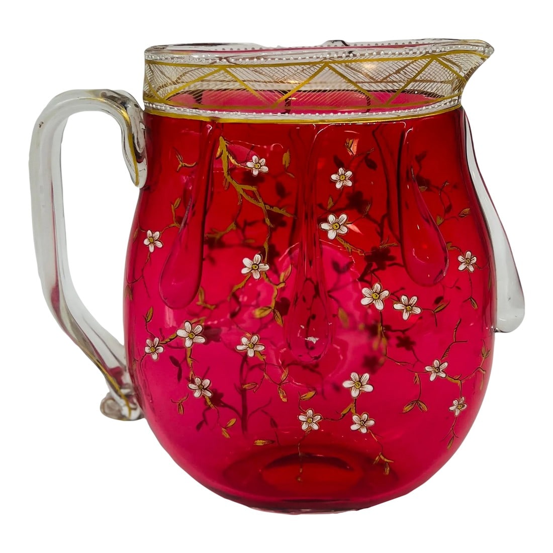 Rare Moser Floral Enamel & Drip Decorated Cranberry Art Glass Pitcher: Moser Glassworks has been in business since 1857 created astonishing and remarkable art work from vases, urns, glassware and more. The firms ability to master engrave and enamel works lead them to