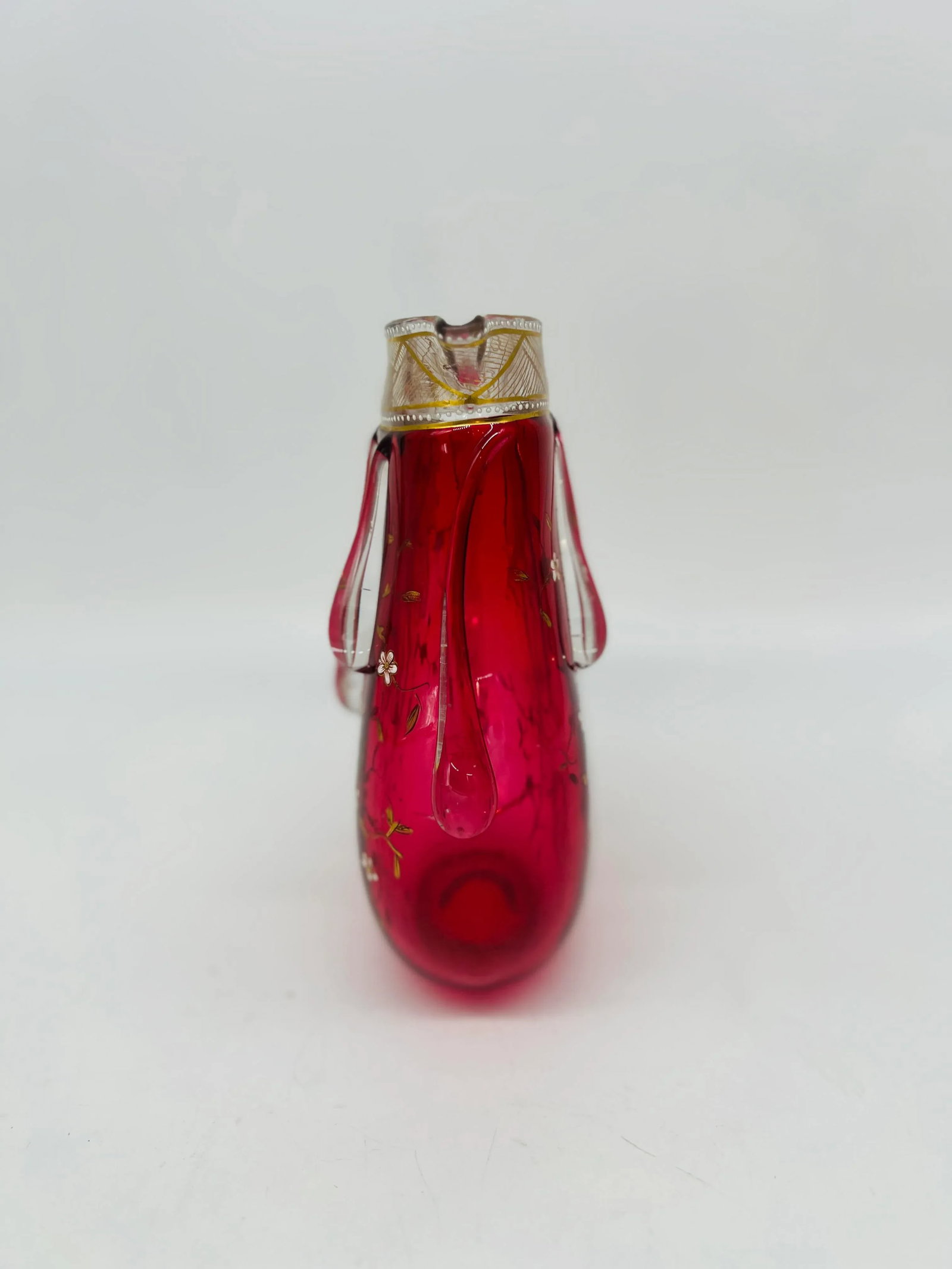 Rare Moser Floral Enamel & Drip Decorated Cranberry Art Glass Pitcher - 3