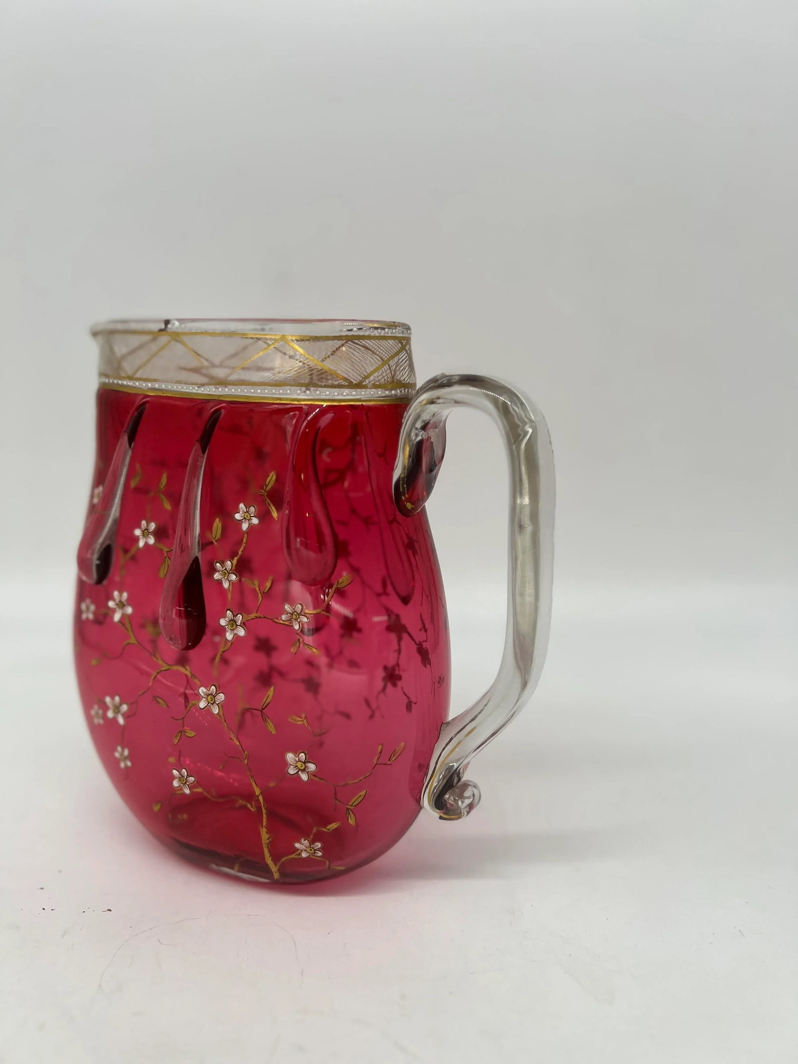 Rare Moser Floral Enamel & Drip Decorated Cranberry Art Glass Pitcher - 5