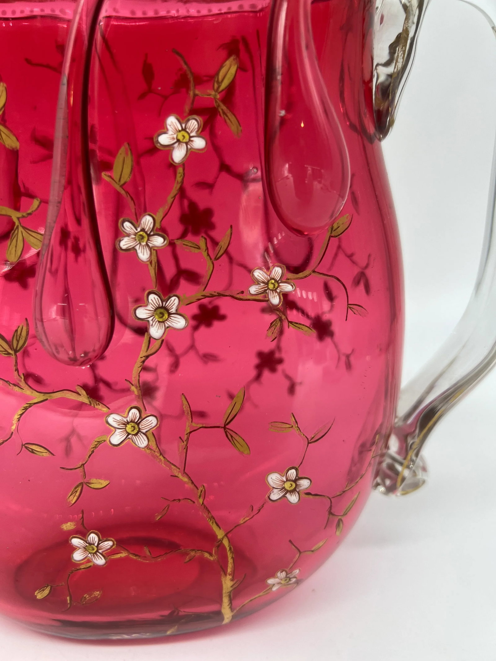 Rare Moser Floral Enamel & Drip Decorated Cranberry Art Glass Pitcher - 6