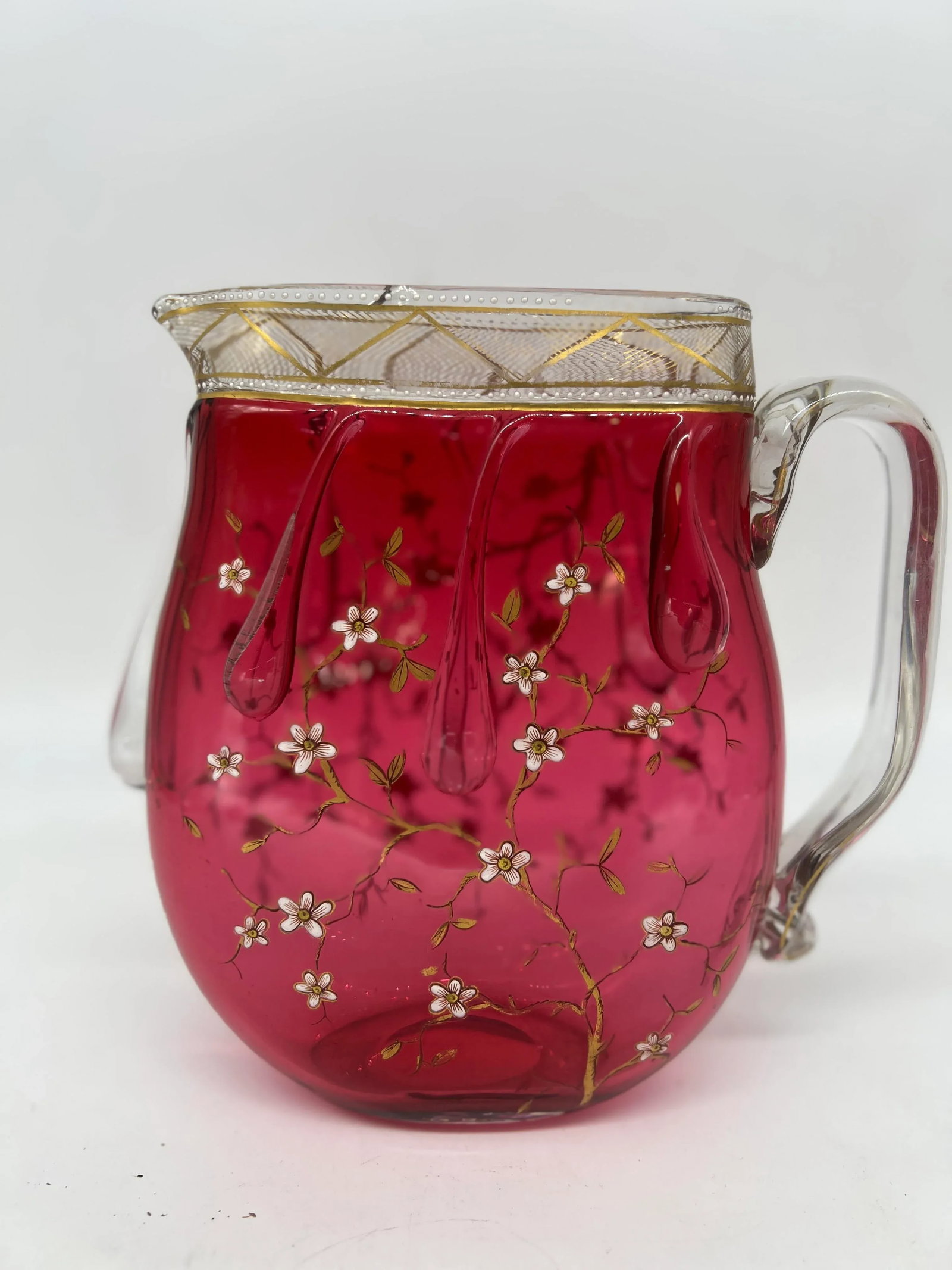 Rare Moser Floral Enamel & Drip Decorated Cranberry Art Glass Pitcher - 7