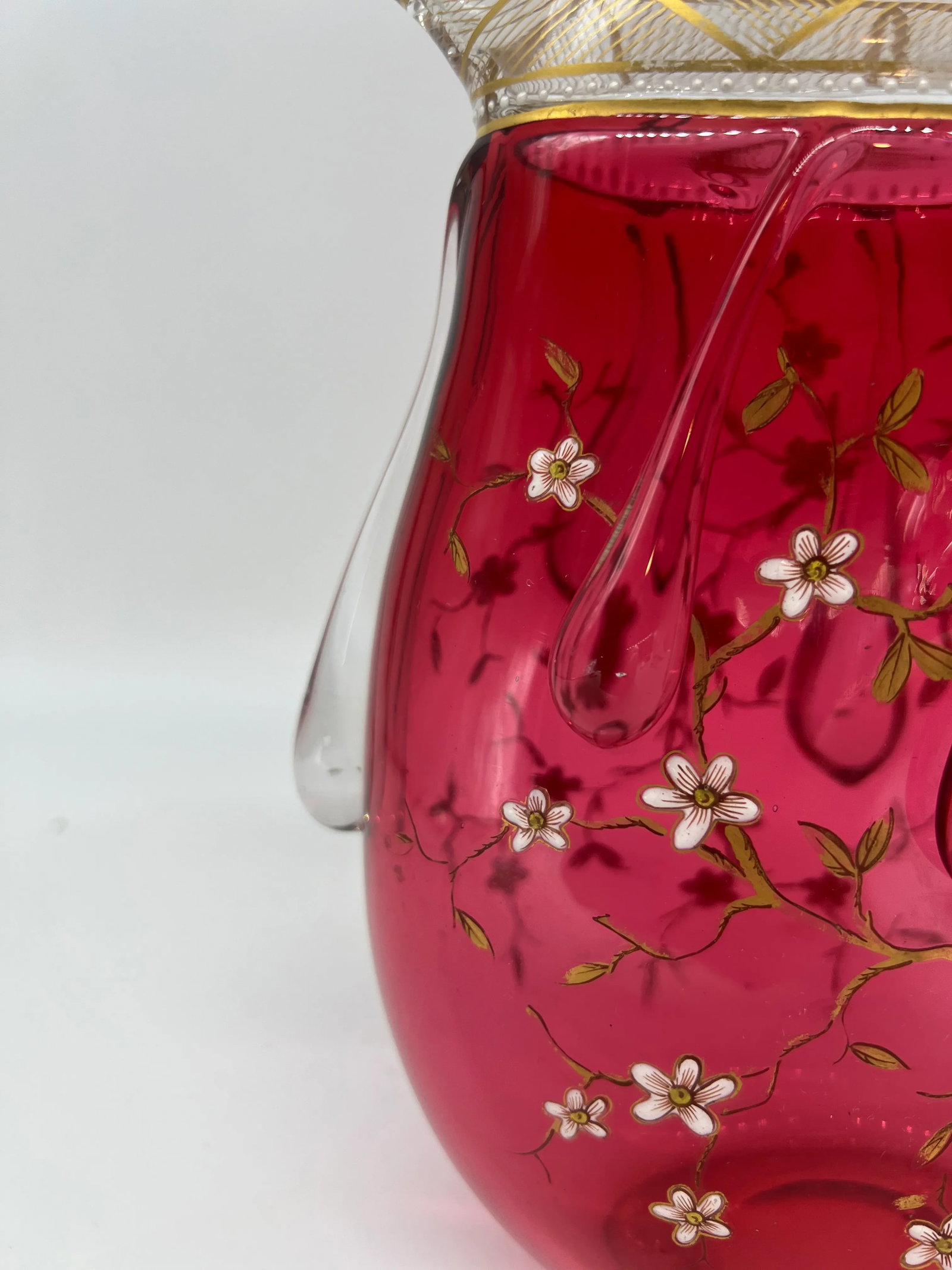 Rare Moser Floral Enamel & Drip Decorated Cranberry Art Glass Pitcher - 8