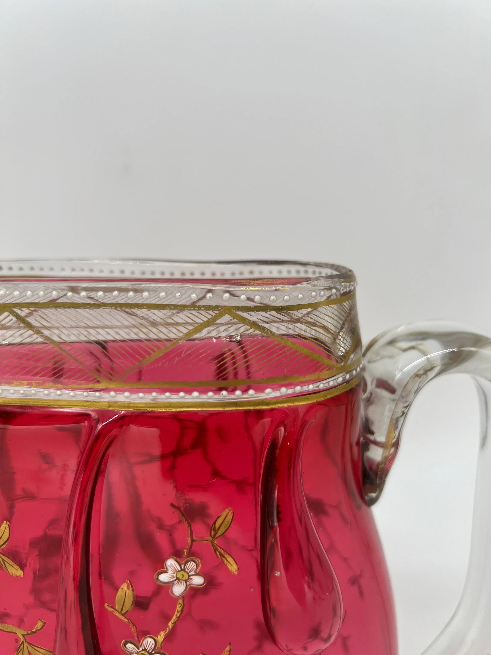 Rare Moser Floral Enamel & Drip Decorated Cranberry Art Glass Pitcher - 9