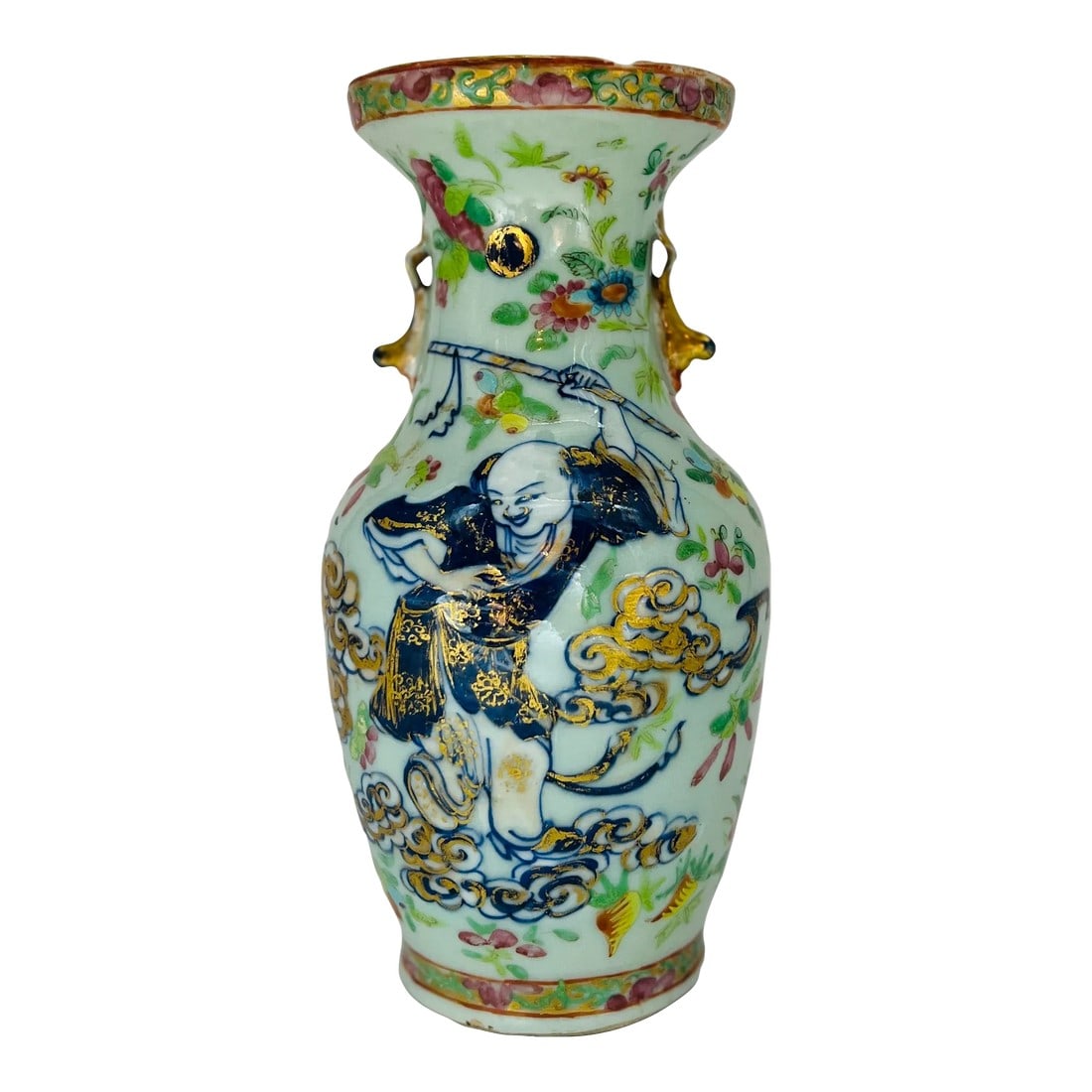 Unusual 19th Century Chinese Famille Rose Medallion Celadon Base Vase: Chinese, 19th century. Presented is a very unusual Chinese vase of traditional form, celadon glaze to the body and decorated with the popular famille rose medallion pattern. One side which has a