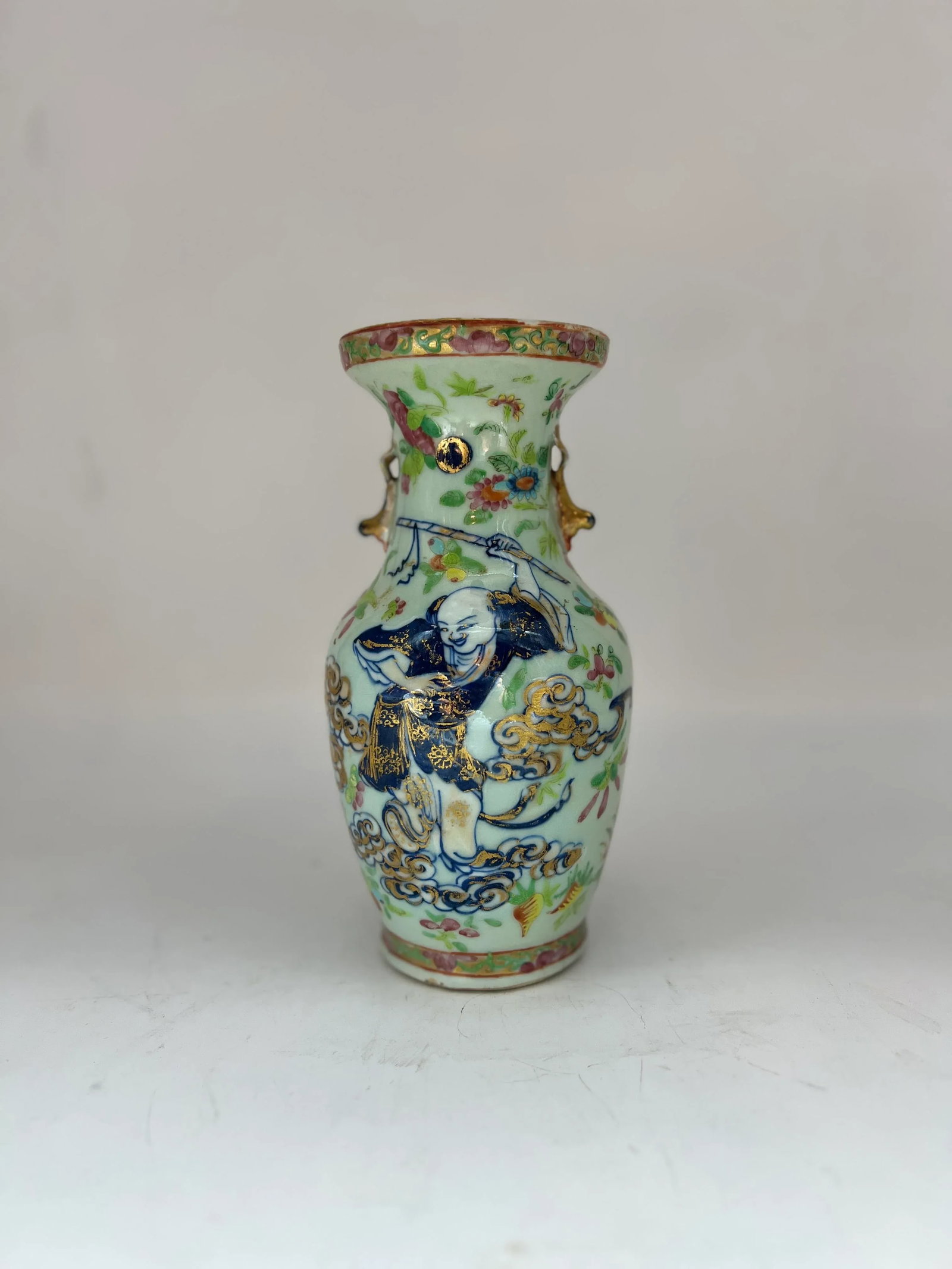 Unusual 19th Century Chinese Famille Rose Medallion Celadon Base Vase - 2