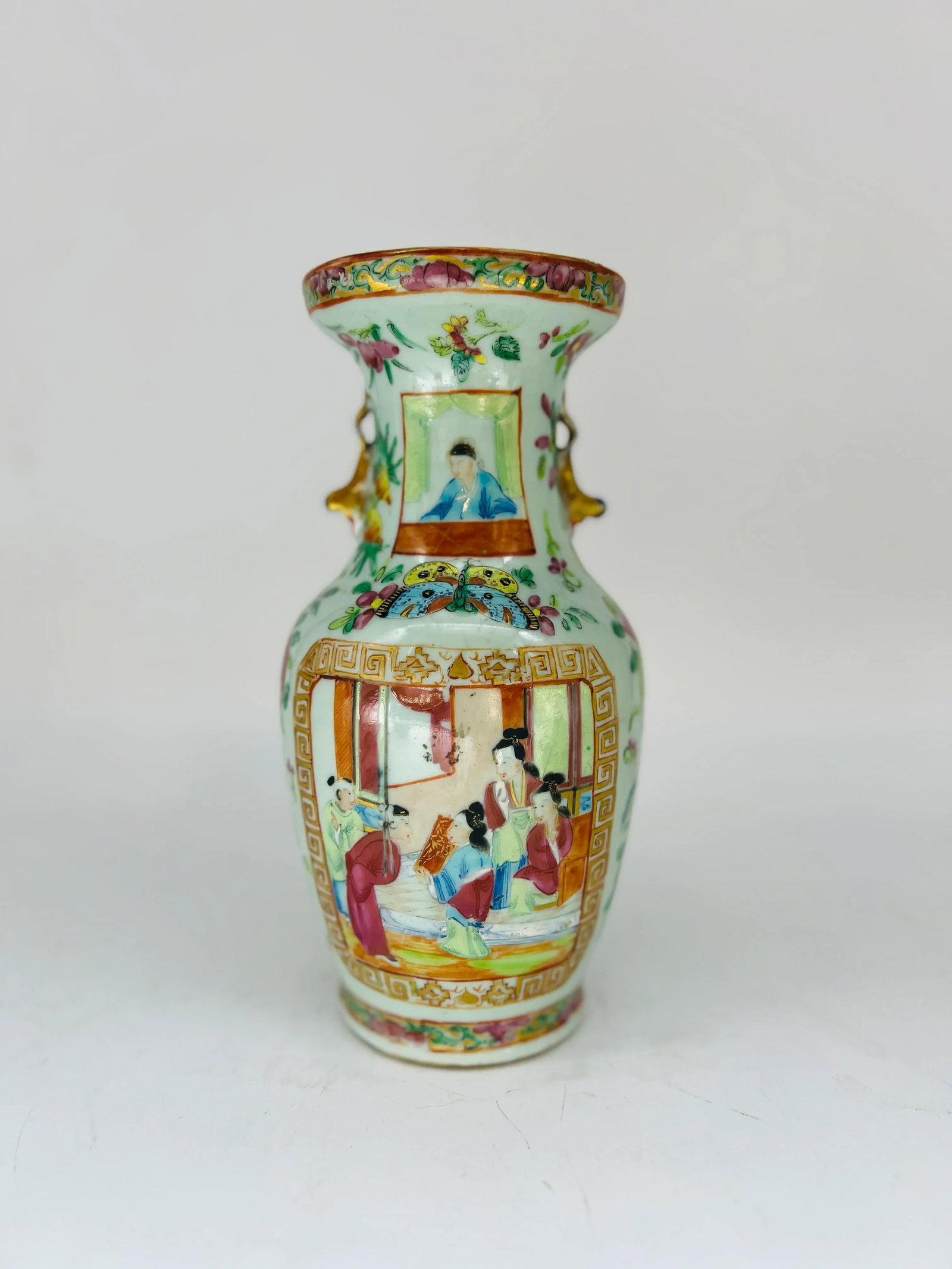 Unusual 19th Century Chinese Famille Rose Medallion Celadon Base Vase - 5
