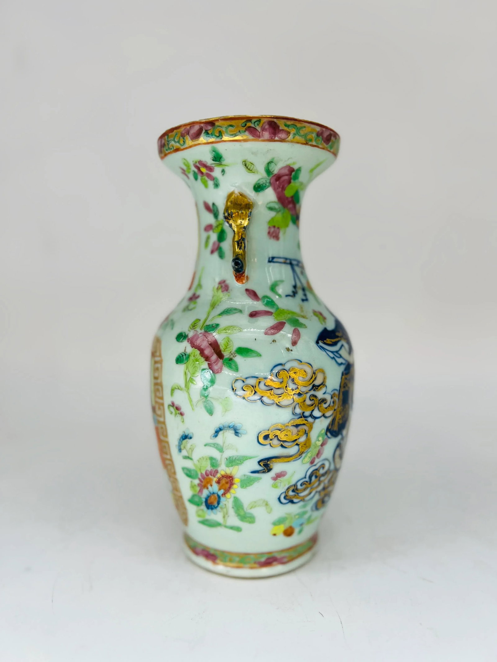 Unusual 19th Century Chinese Famille Rose Medallion Celadon Base Vase - 8