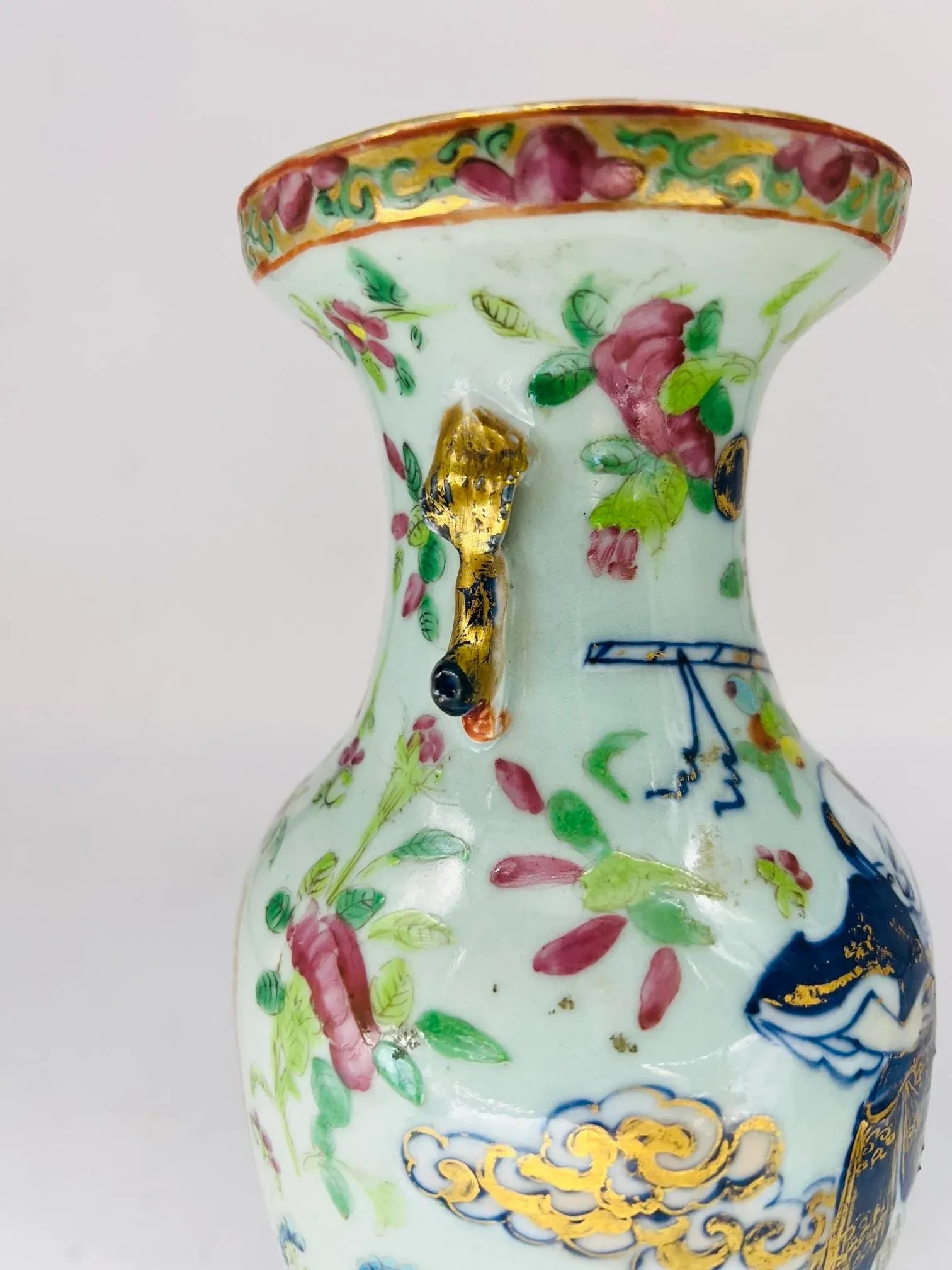 Unusual 19th Century Chinese Famille Rose Medallion Celadon Base Vase - 9