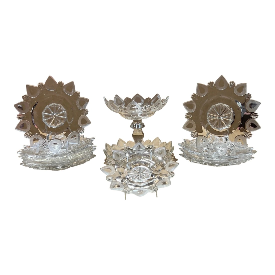 Exceptional 12 Piece American Brilliant Cut Glass Dinner / Dessert Service: Likely American, possibly Irish. 19th Century. This is absolutely exceptional set of cut glass in an unidentified pattern. The 12-piece set includes nine 10.125" dinner plates, one 9" plate, a 10.5"