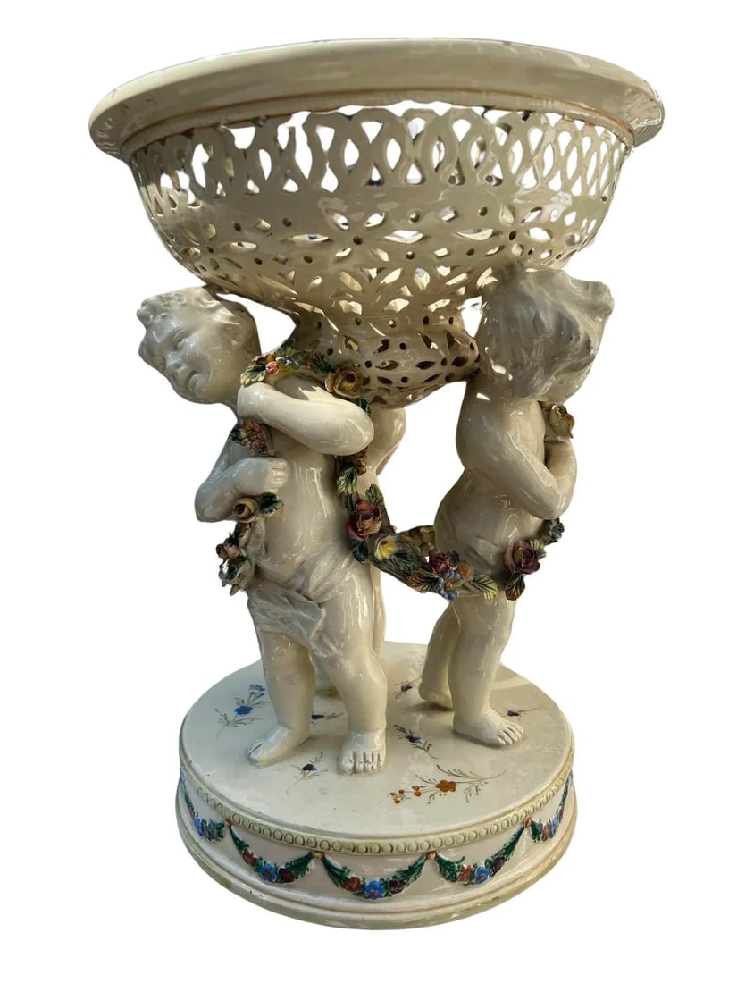 19th Century French Tin Glazed Creamware Centerpiece Adorned With Putti Supports - 2