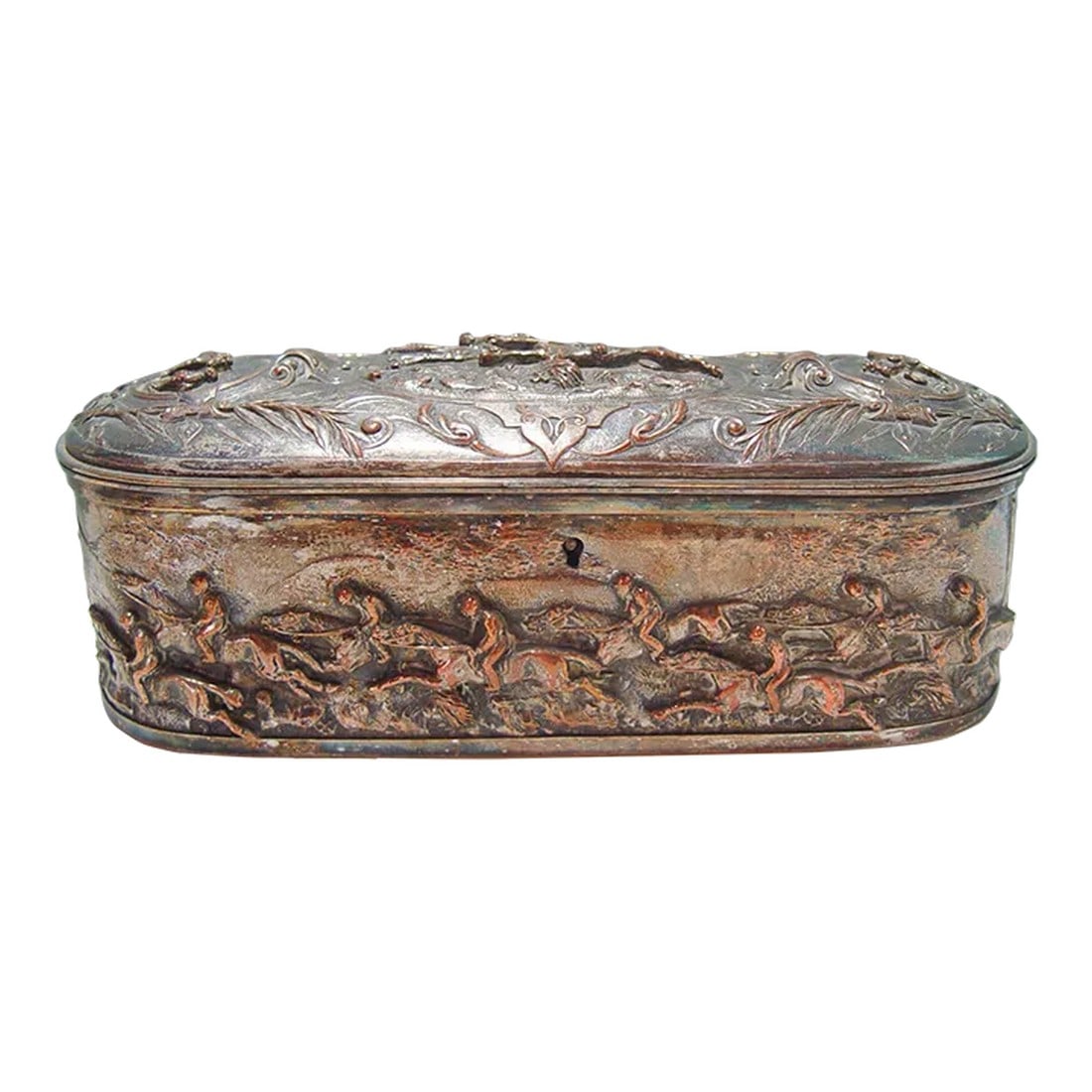 Antique French Silver Plate Horse Racing Jewelry Box: Antique french silver plate over copper jewelry casket with very high relief horse racing equine motif all around, circa 1890's. Interior is tufted purple silk, had feet at one time, since removed.
