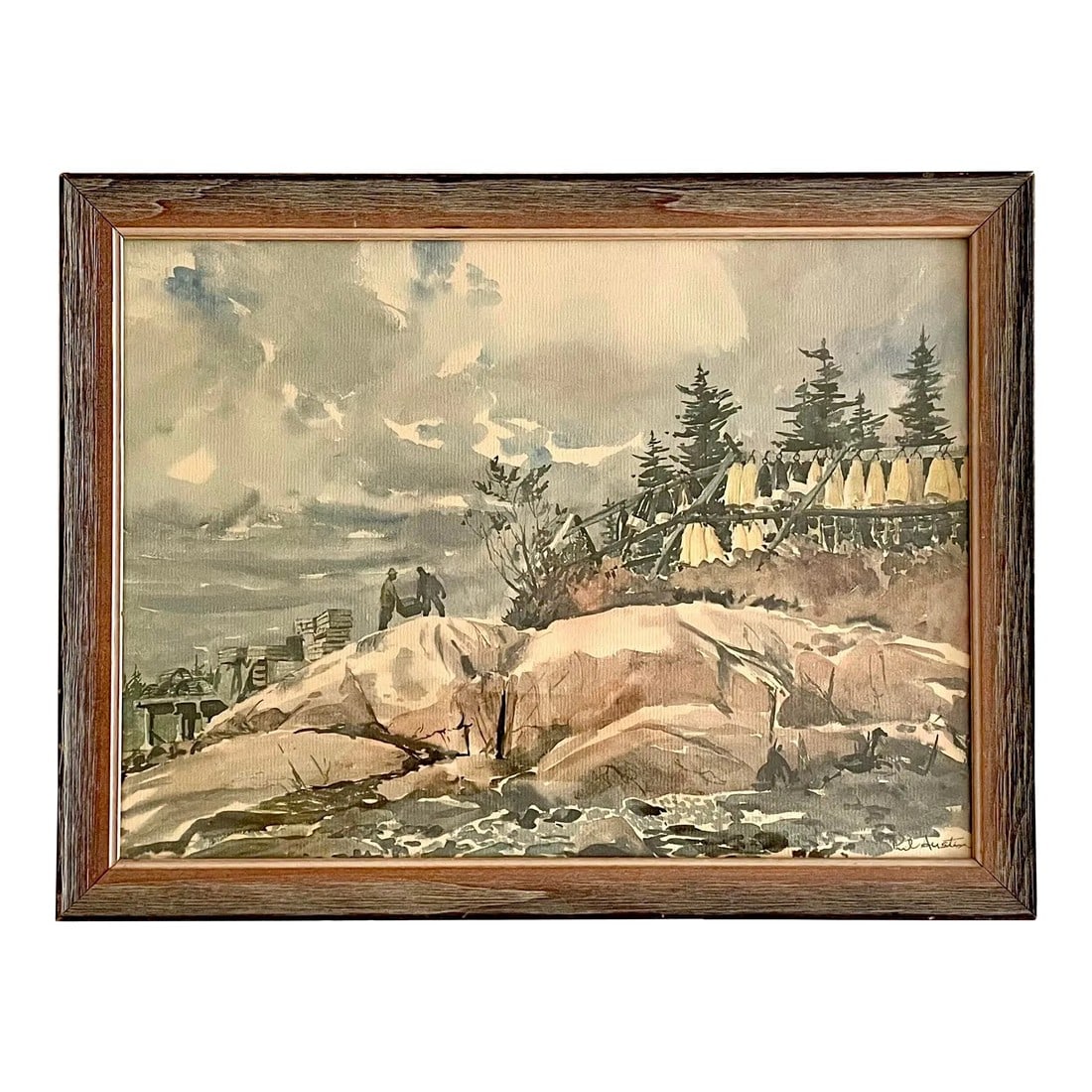 Phil Austin (American 1910 - 2004) 20th Century Watercolor Coastal Painting of Maine Lobstermen: Original watercolor painting on paper by well-known artist, Phil Austin, featuring a Maine rock scape and lobstermen. It is signed and framed under glass. Excellent condition. Auction Notes: Phil