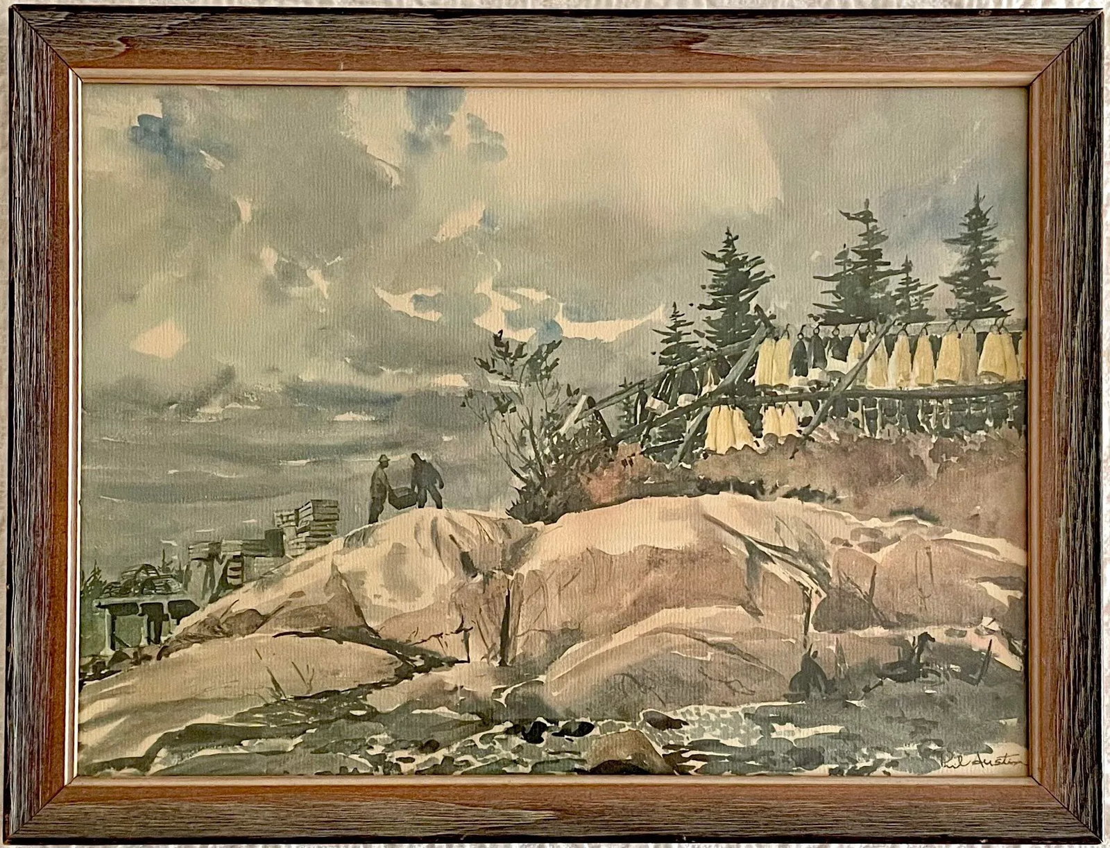 Phil Austin (American 1910 - 2004) 20th Century Watercolor Coastal Painting of Maine Lobstermen - 2