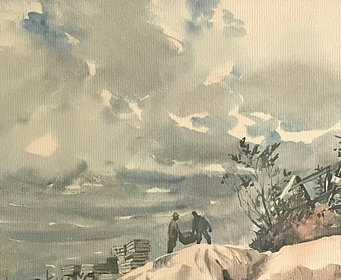 Phil Austin (American 1910 - 2004) 20th Century Watercolor Coastal Painting of Maine Lobstermen - 3