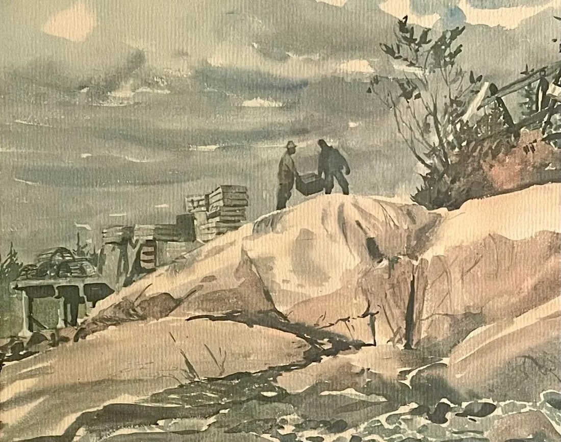 Phil Austin (American 1910 - 2004) 20th Century Watercolor Coastal Painting of Maine Lobstermen - 4