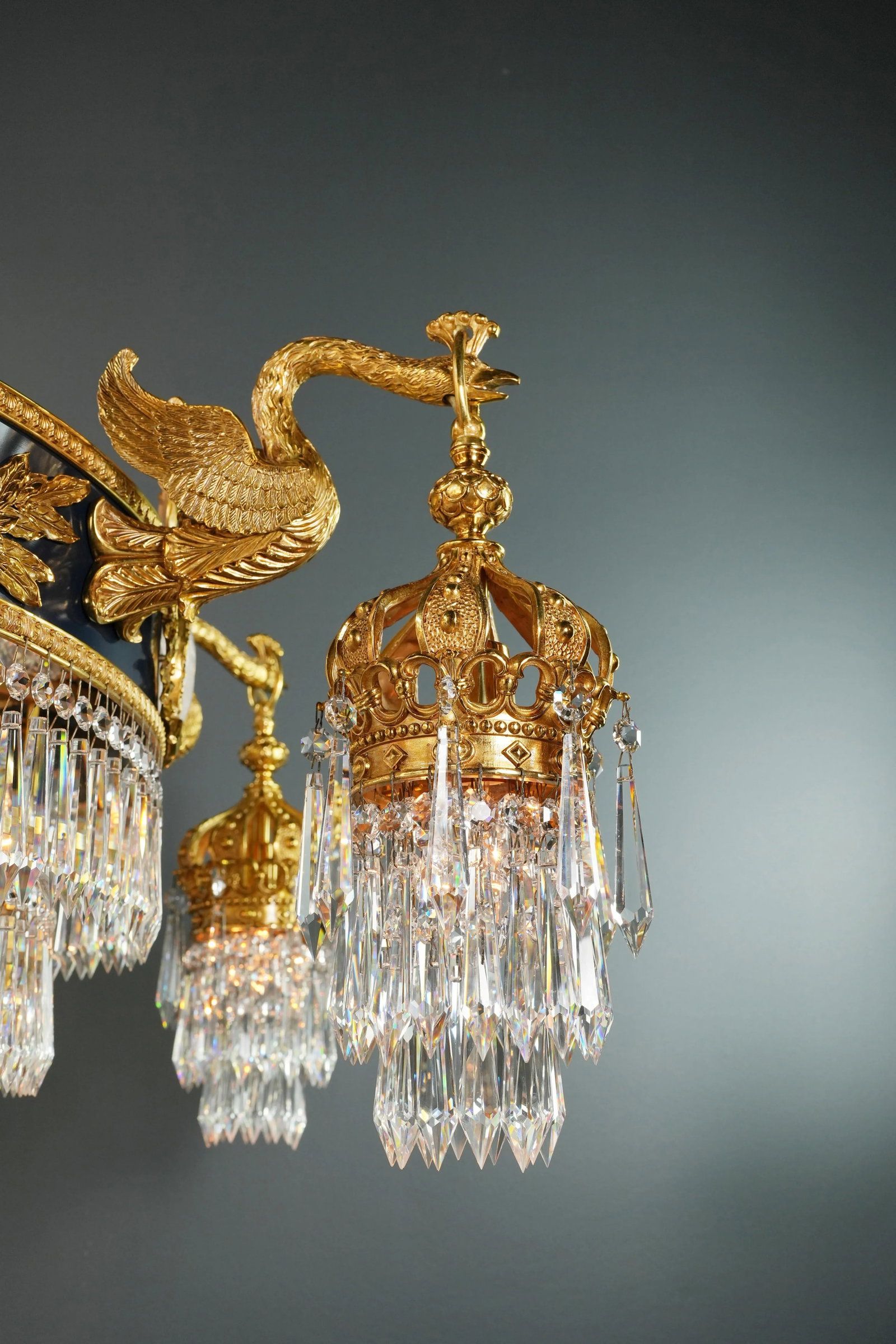 21st Century Baroque Brass Empire Chandelier Rock Crystal Lustre Lamp Antique Gold Swan - 10