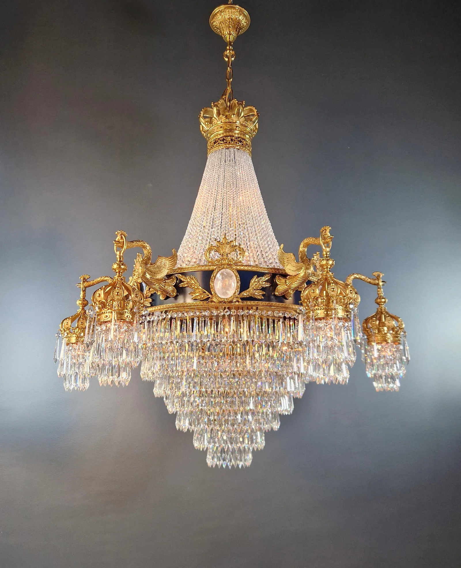 21st Century Baroque Brass Empire Chandelier Rock Crystal Lustre Lamp Antique Gold Swan - 2