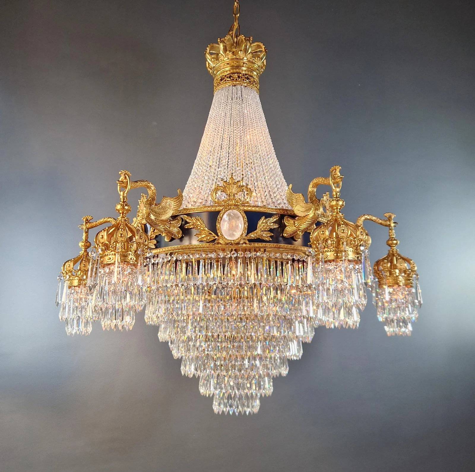 21st Century Baroque Brass Empire Chandelier Rock Crystal Lustre Lamp Antique Gold Swan - 3