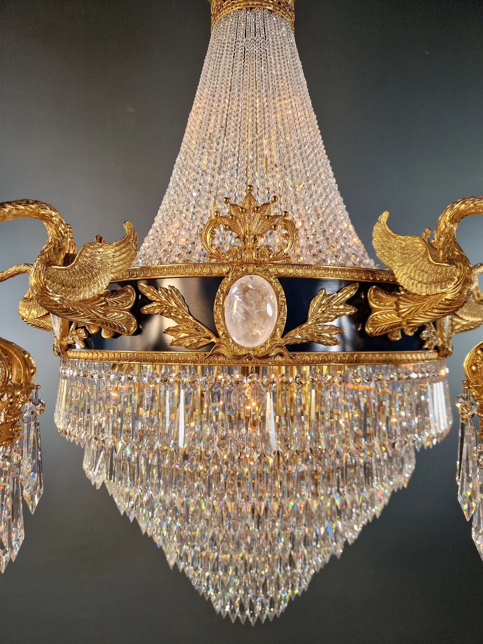 21st Century Baroque Brass Empire Chandelier Rock Crystal Lustre Lamp Antique Gold Swan - 4