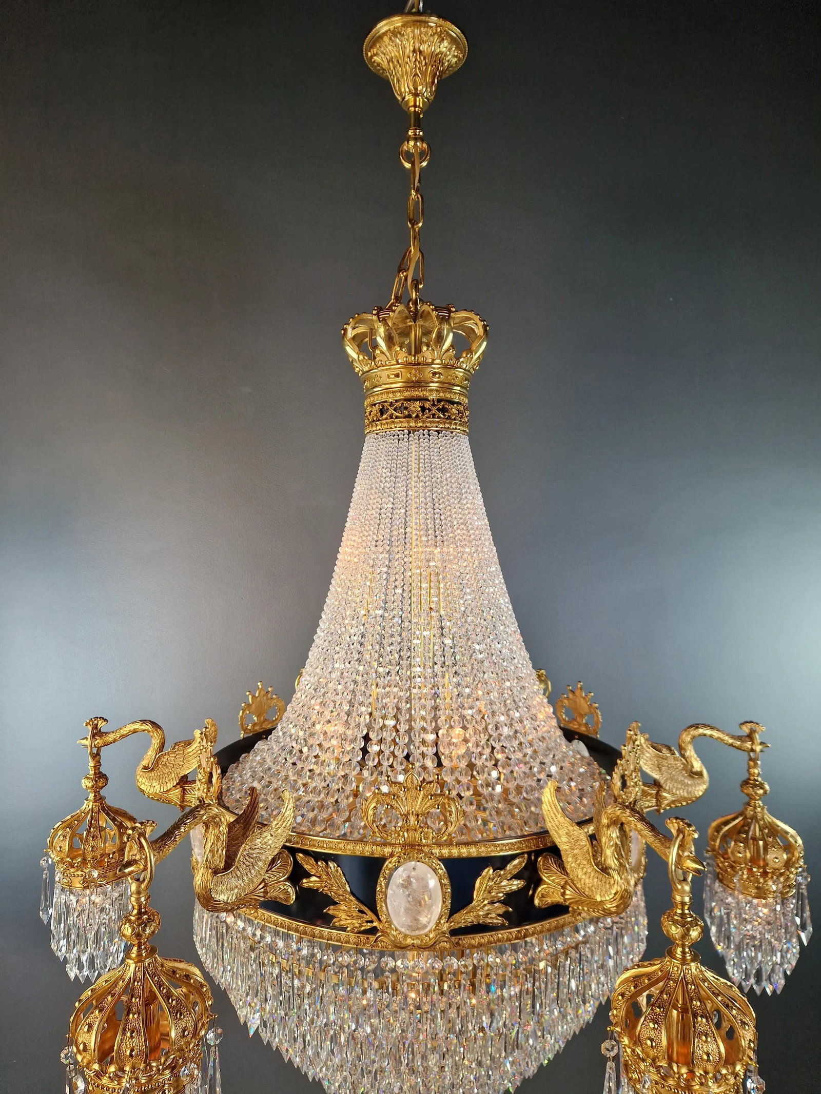 21st Century Baroque Brass Empire Chandelier Rock Crystal Lustre Lamp Antique Gold Swan - 6