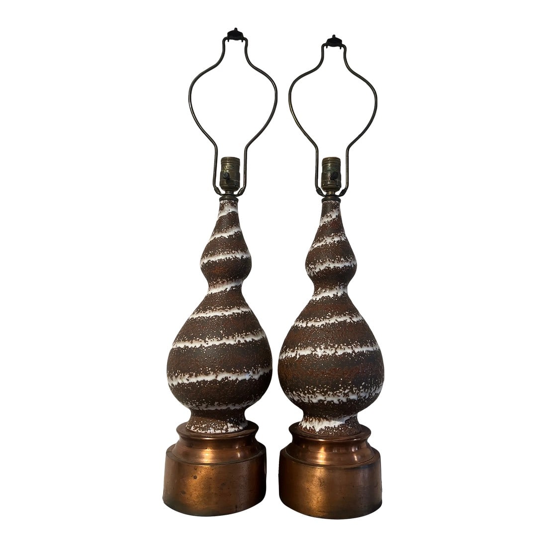 Pair, Joseph Francis Von Tury French Volcanic Glaze Pottery Lamps C. 1960s: Joseph Francis Von Tury by Vontury Inc. Circa 1950s/60s. A pair of Joseph Francis Von Tury by Vontury Inc table lamps in a super unique mid century volcanic glaze. Each lamp is mounted to a copper