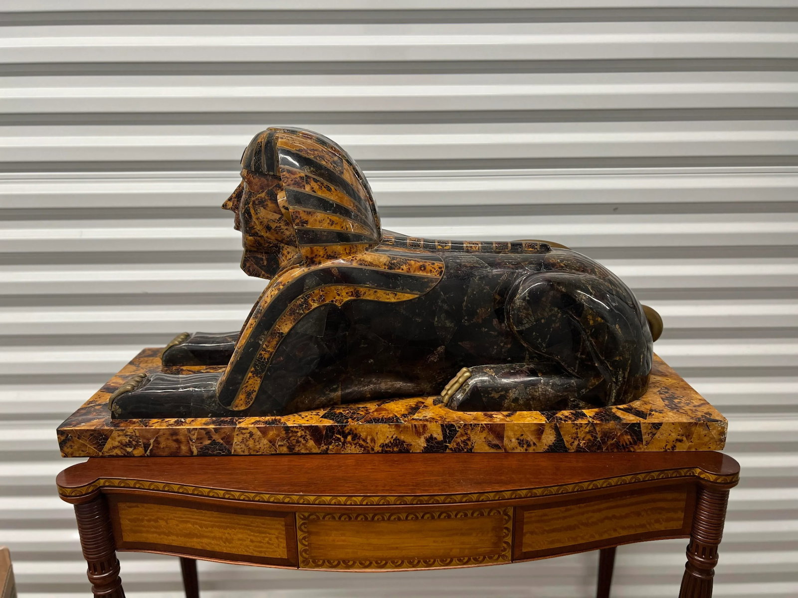Maitland Smith Tessellated Stone, Malachite & Brass Sphinx Sculpture C. 1970 - 2