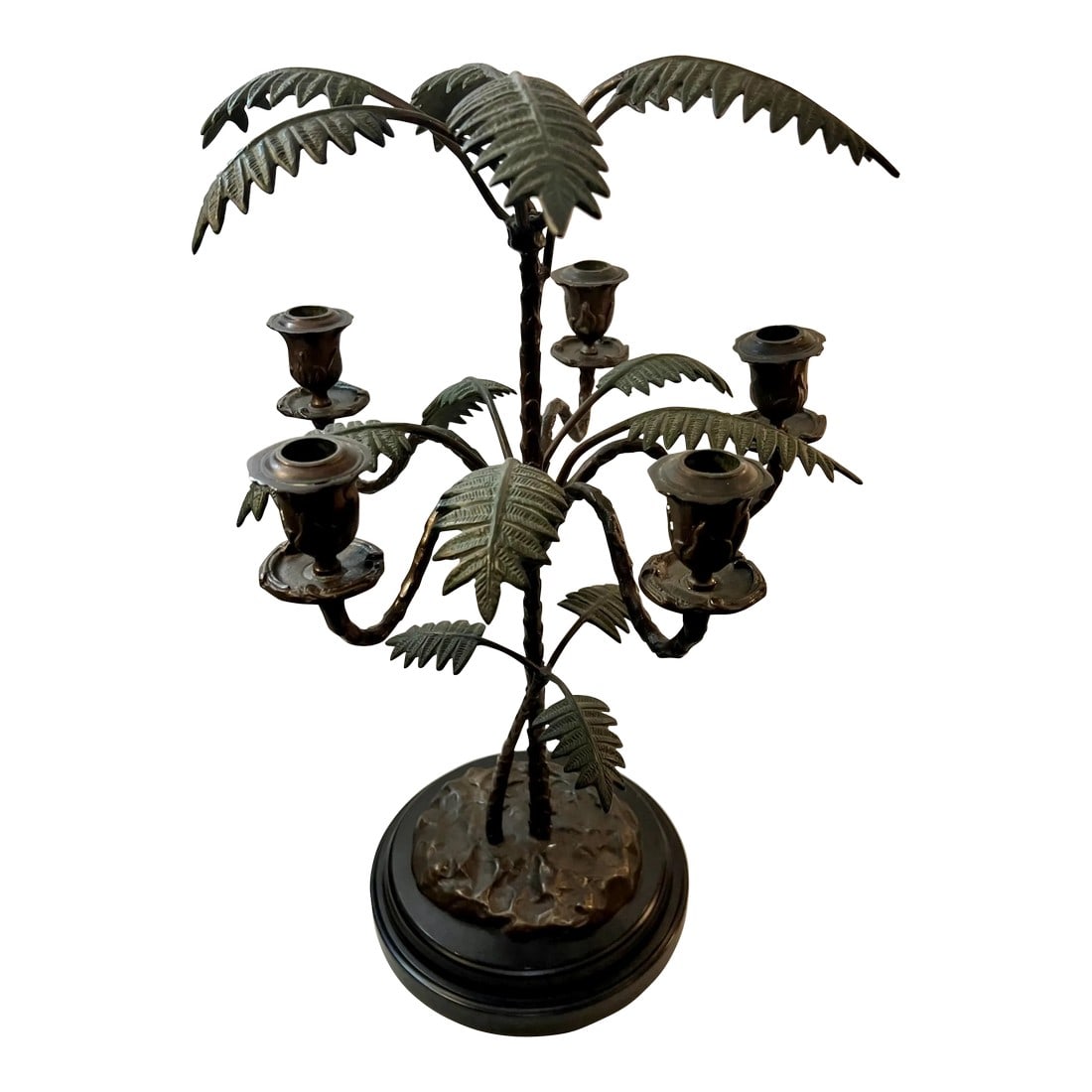 Vintage Palm Beach Regency Patinated Bronze Palm Tree Candelabra: Presenting to you a patinated bronze 5 light palm tree candelabra. By SF Bay Trading. This very Palm Beach Regency candelabra makes a statement with or without candles. Let it be the conversation