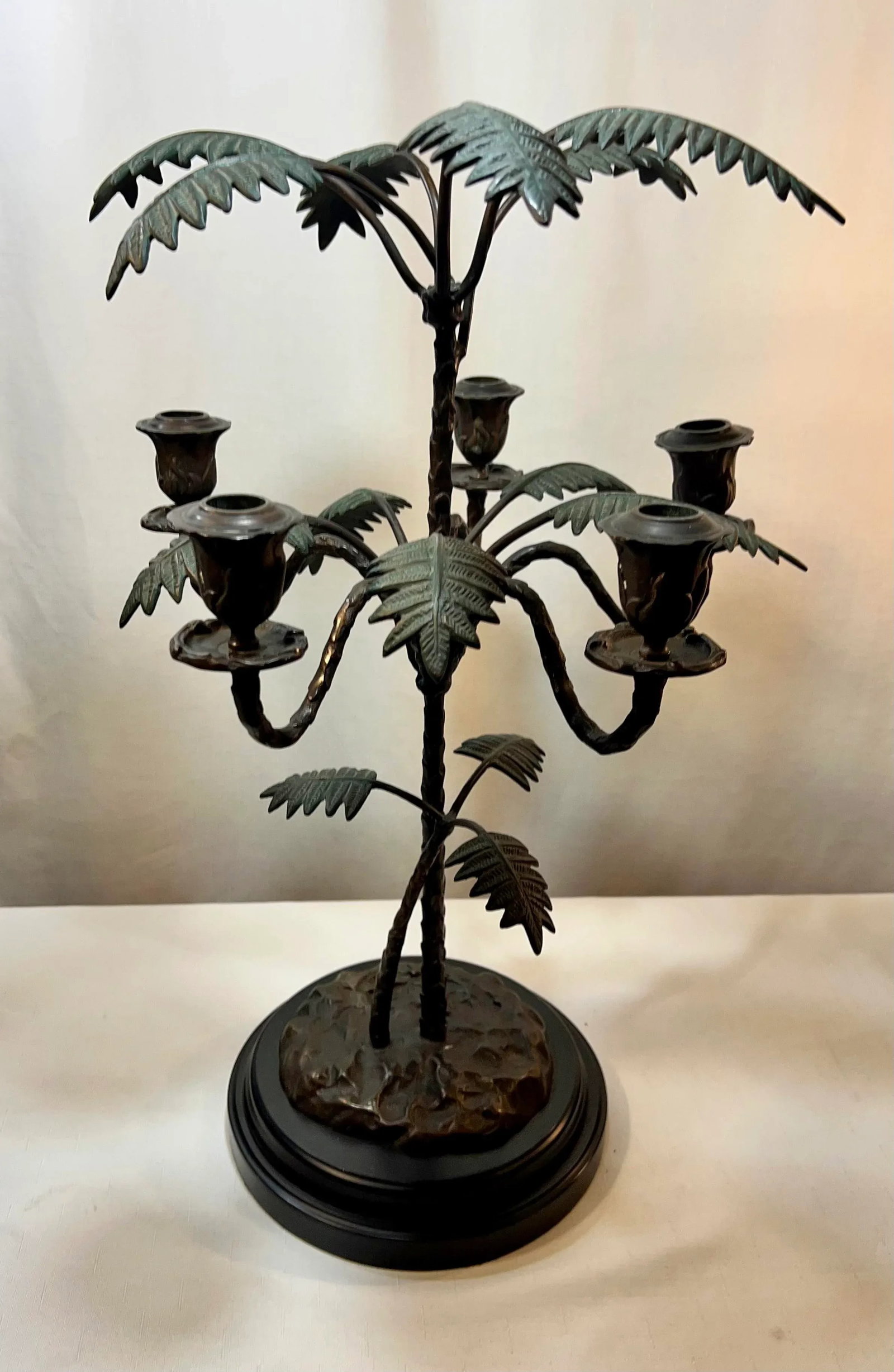 Vintage Palm Beach Regency Patinated Bronze Palm Tree Candelabra - 9