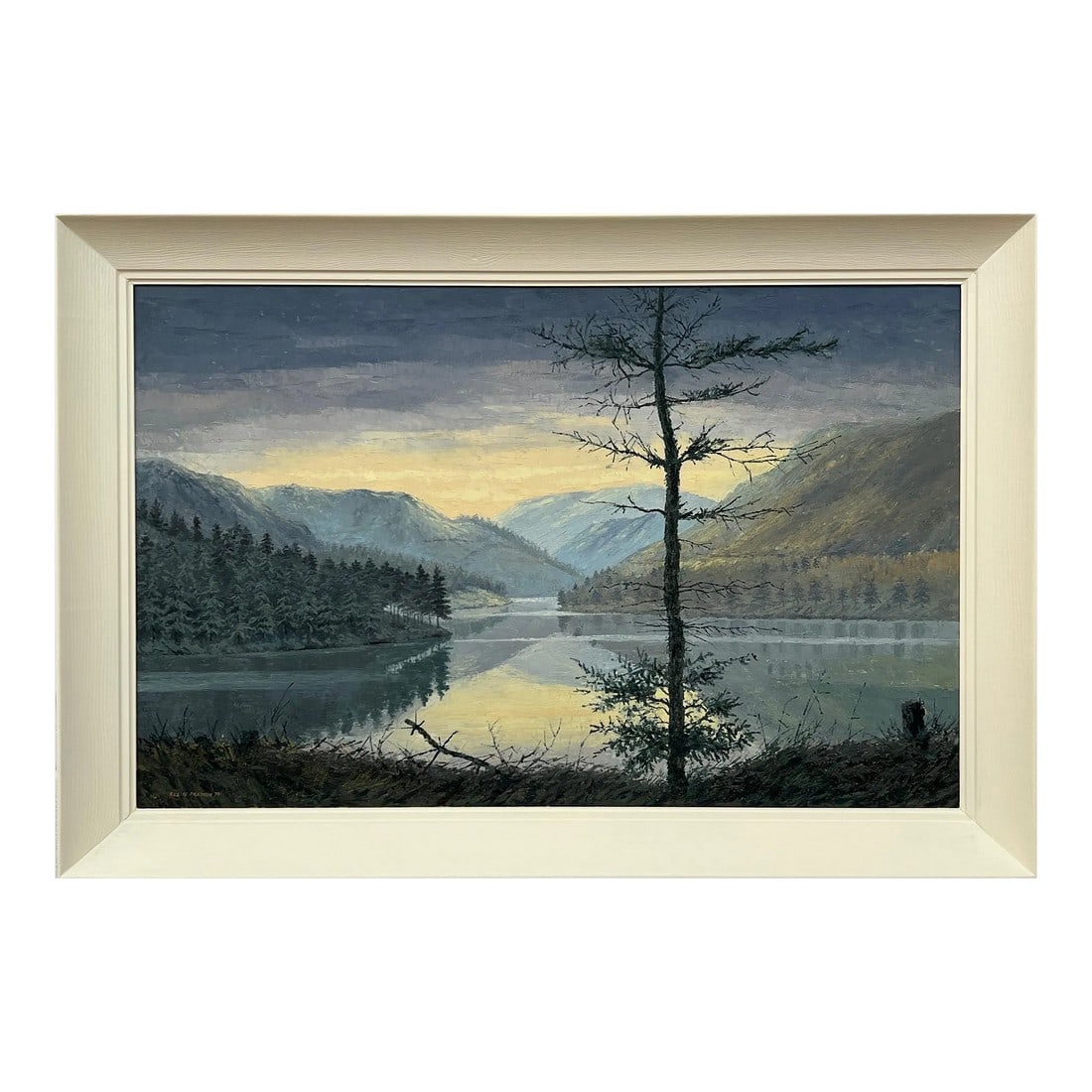 Rex Preston Vintage Impasto Impressionist Painting of Misty Morning at Reservoir in England, 1971: Vintage Impasto Impressionist Painting of a Misty Morning at a Reservoir in the Peak District National Park in Northern England, by 20th Century British Artist. Art measures 33 x 21 inches Frame