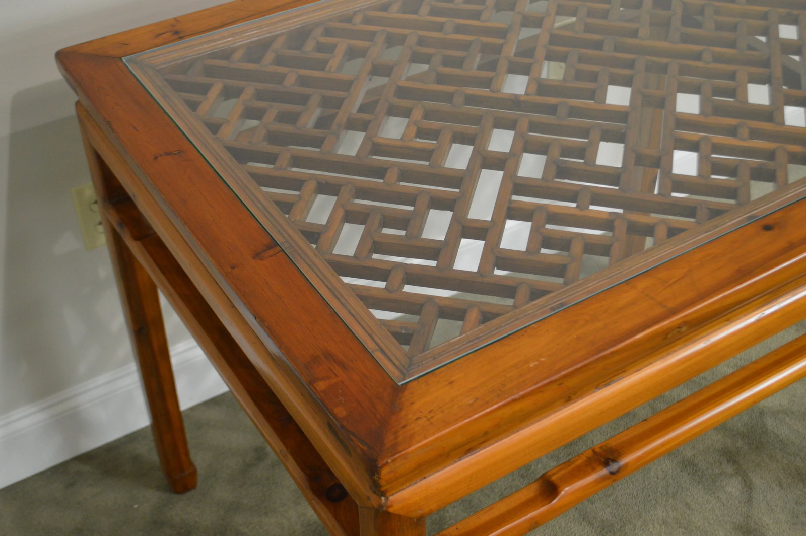 Vintage Chinese Lattice Work Table With Glass Top - 12