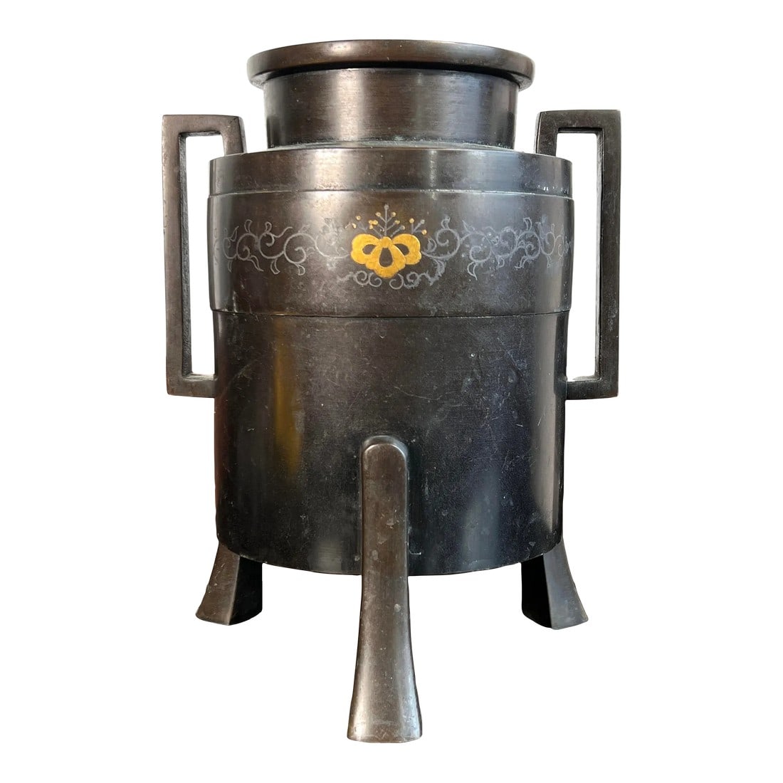 Vintage 1930's Showa Era Japanese Bronze Handled Vase: Beautiful c.1930's/40's Showa era Japanese bronze double handled vase! It has a great contemporary feel to it, sitting on 3 tapered legs as shown with inlaid mixed metal decor on the body. It