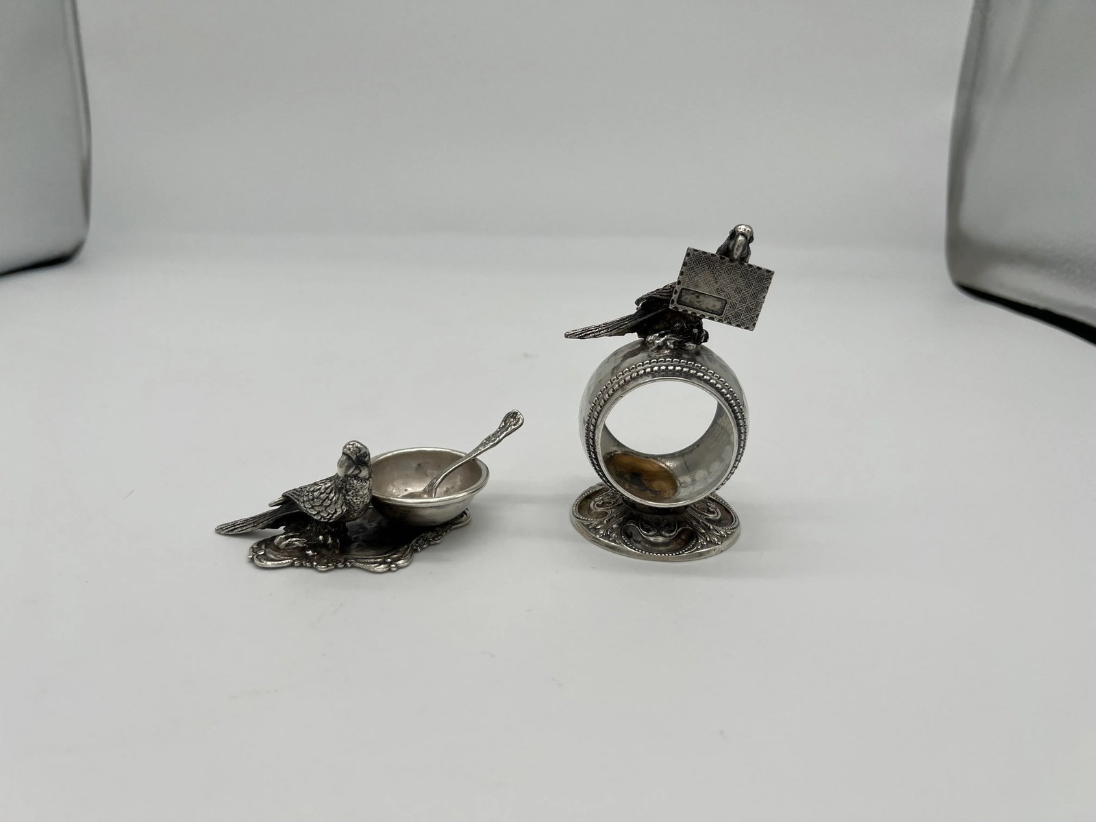 Antique Parrot Form Silver Plated Table Accessory Set - Napkin Ring + Salt Dish - 2