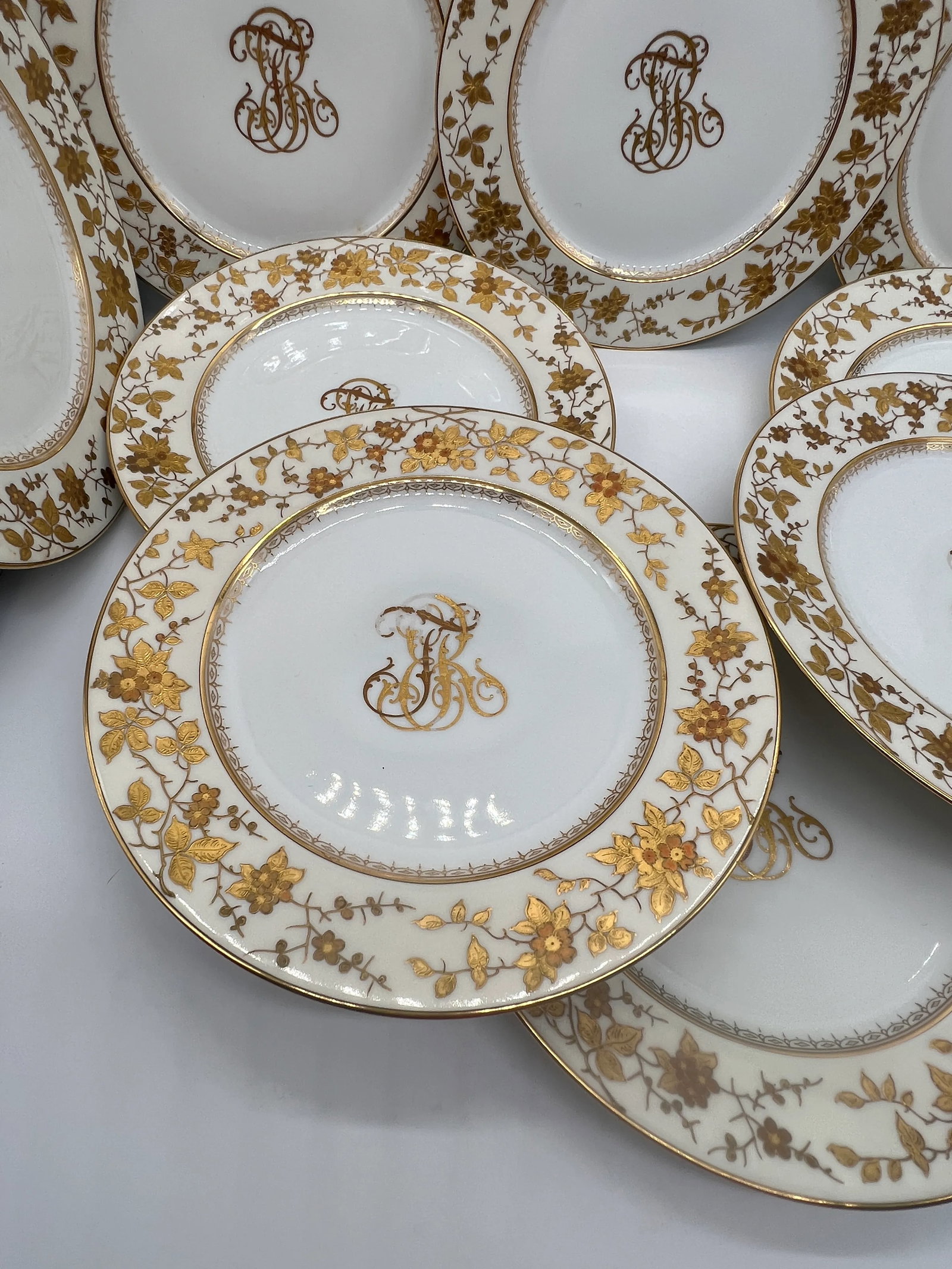 (10) Ten Fischer & Mieg Pirkenhammer Gilt Vine Encrusted Porcelain Dinner Plates - 2