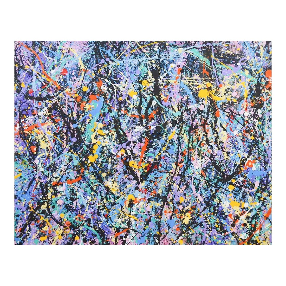 Abstract Expressionist Turquoise, Blue & Black Painting Style of Jackson Pollock: Colorful Abstract Expressionist acrylic painting on heavy paper circa 1990's. In turquoise, blue, purple, yellow and black by Jerry Adams (20th - 21st century) American. Signed faintly lower right .